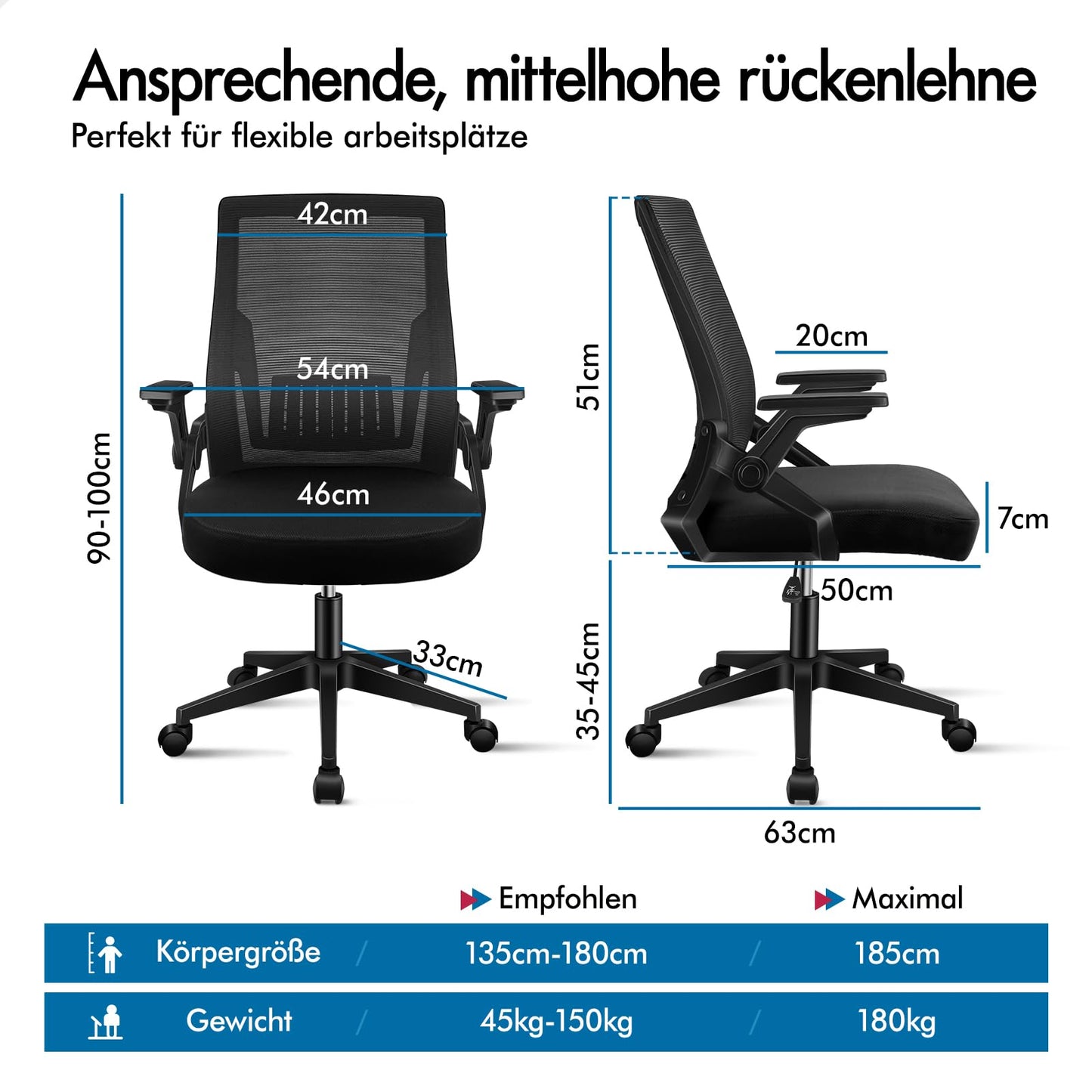 ALFORDSON Bürostuhl, Lendenstütze, Atmungsaktives Netz und Stoff, Hochklappbare/Verstellbare Armlehnen, Hochwertiger Schaumstoff, 180kg für Zuhause & Gaming, Wale, Schwarz