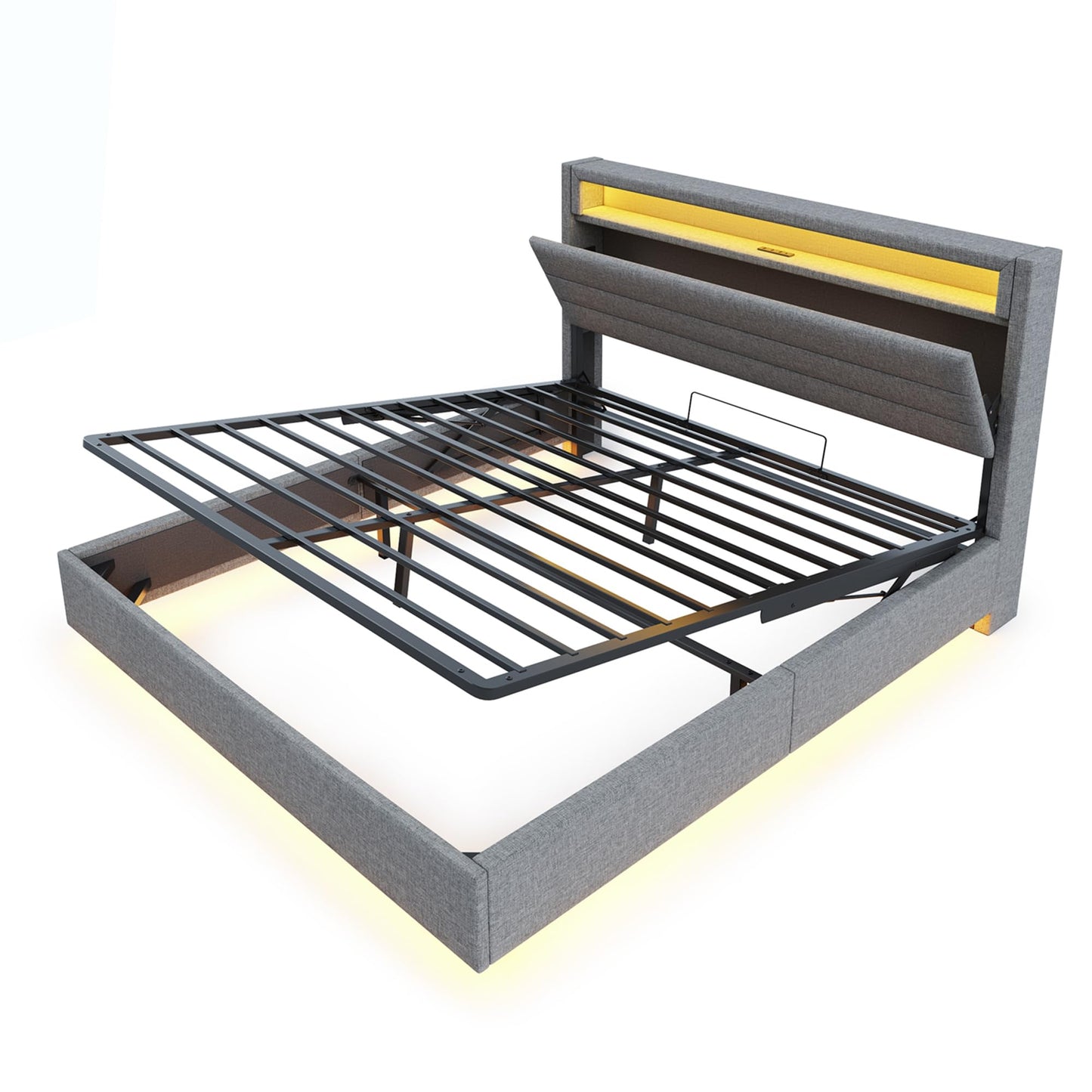 LAKFEW Upholstered Bed 140 x 200 cm, Double Bed Functional Bed with USB Socket and LED Lighting, Hanging Bed Headboard with Concealed Storage Space, Bed Frame Bed with Slatted Frame, Linen, Without