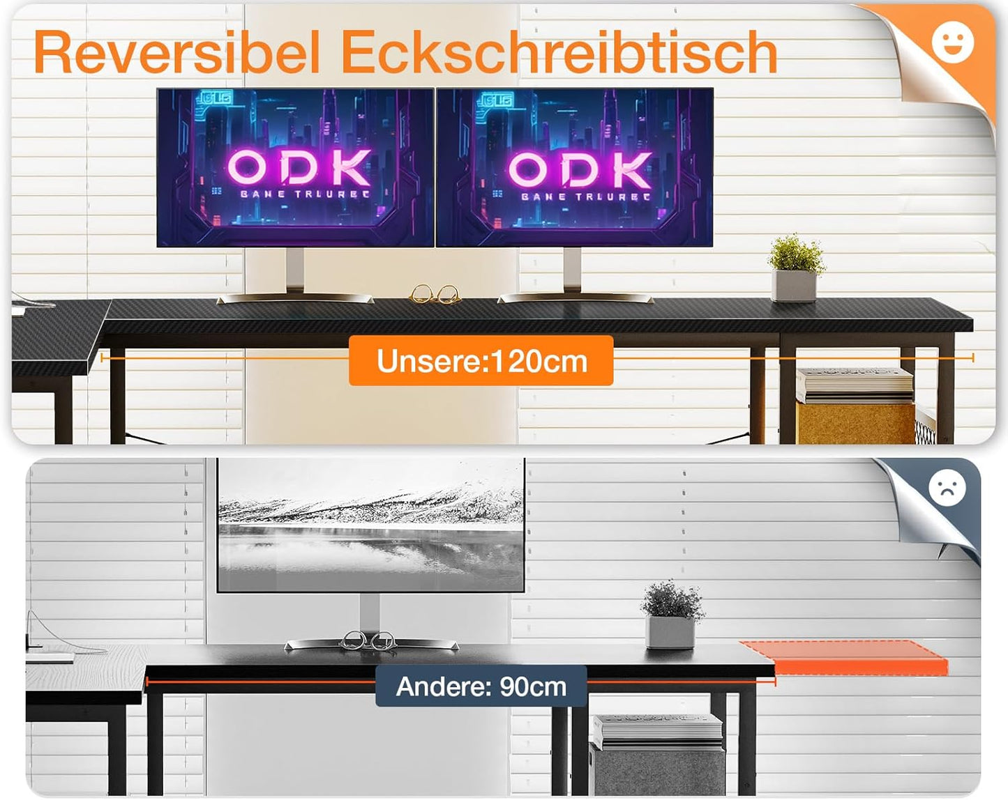ODK Gaming Tisch, Reversibel Gaming Schreibtisch mit 2 Steckdosen und 2 USB Ladeanschluss, Eckschreibtisch für Office und Gaming, Weiß, 150×102cm