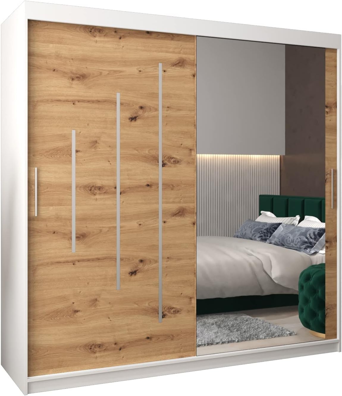 MEBLE KRYSPOL Kleiderschrank mit Spiegel York 2 - Garderobenschrank - Schrank Schlafzimmer - Mehrzweckschrank Zwei Schiebetüren - Regalen - Flur Möbel - Kleiderstange Schrank - Allzweckschrank