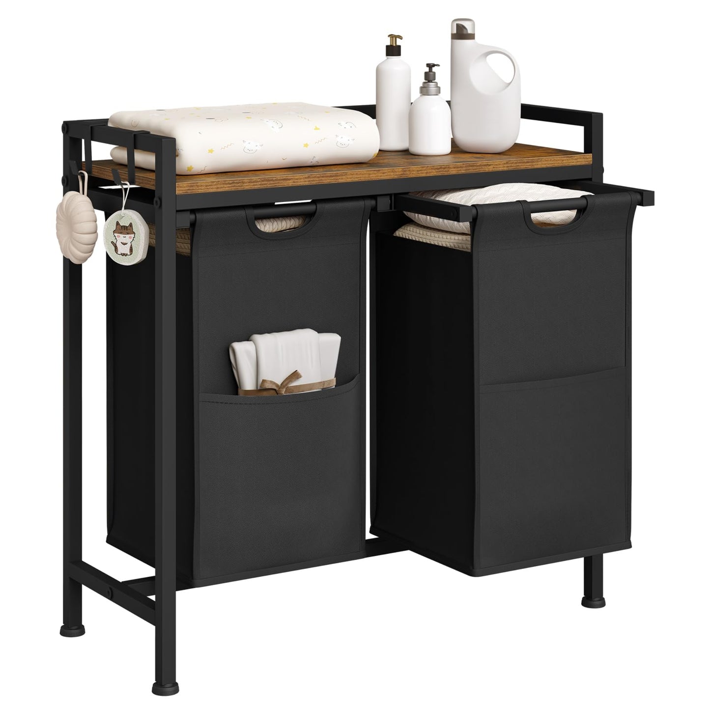 WOLTU Laundry Basket, 3 Compartments, Each 40 L, Laundry Hamper with Shelf Metal Frame, Oxford Fabric Laundry Bag, Extendable, Removable, Laundry Sorter, Laundry Container, White