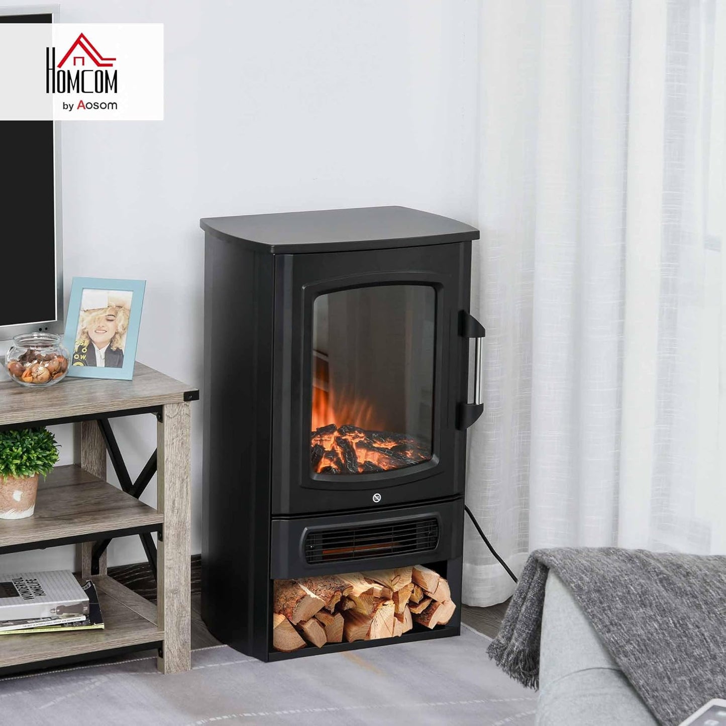 HOMCOM Elektrokamin E-Kamin mit Flammeneffekt Thermostat Kaminofen 1000 W/2000 W, 20–25 qm, Schwarz 44,5x32,1x74 cm