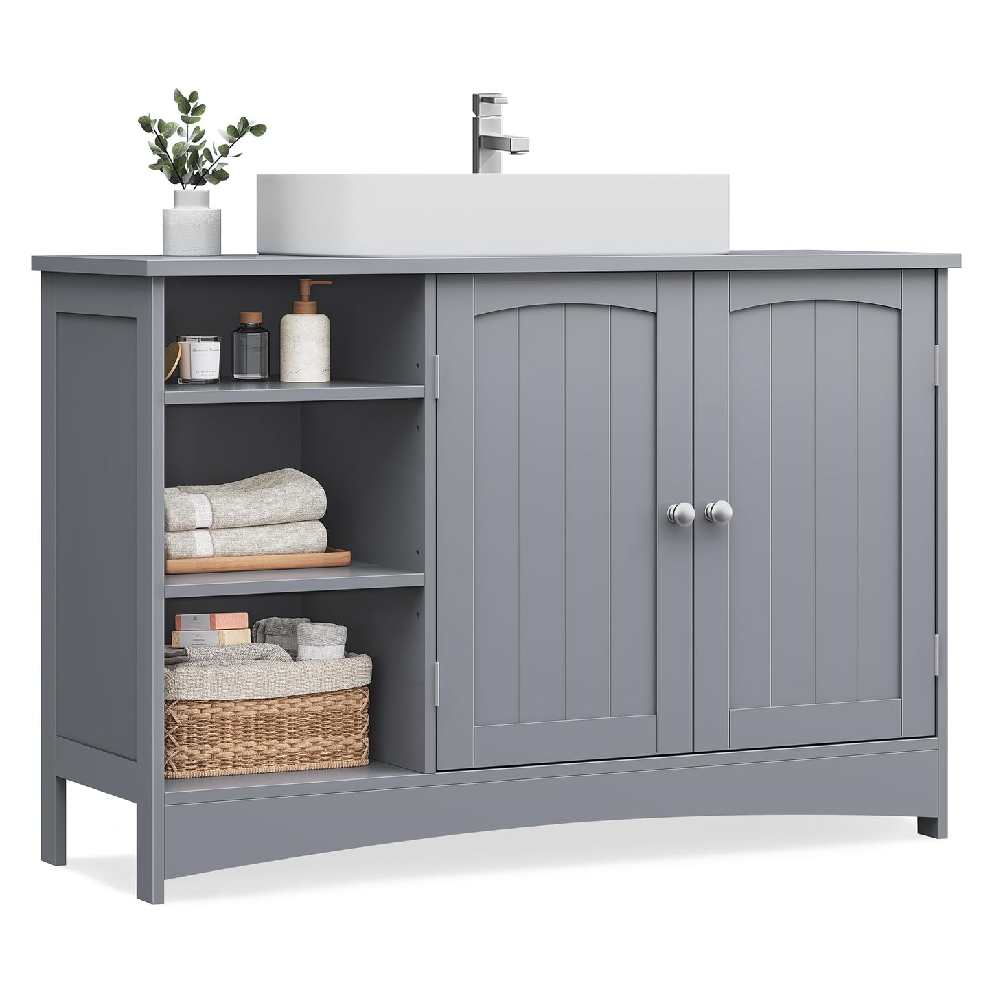 VASAGLE BBC410P31 Vanity Unit Extra Long 30 x 90 x 60 cm 2 Doors Bathroom Cabinet Open Compartments Height Adjustable Shelves White