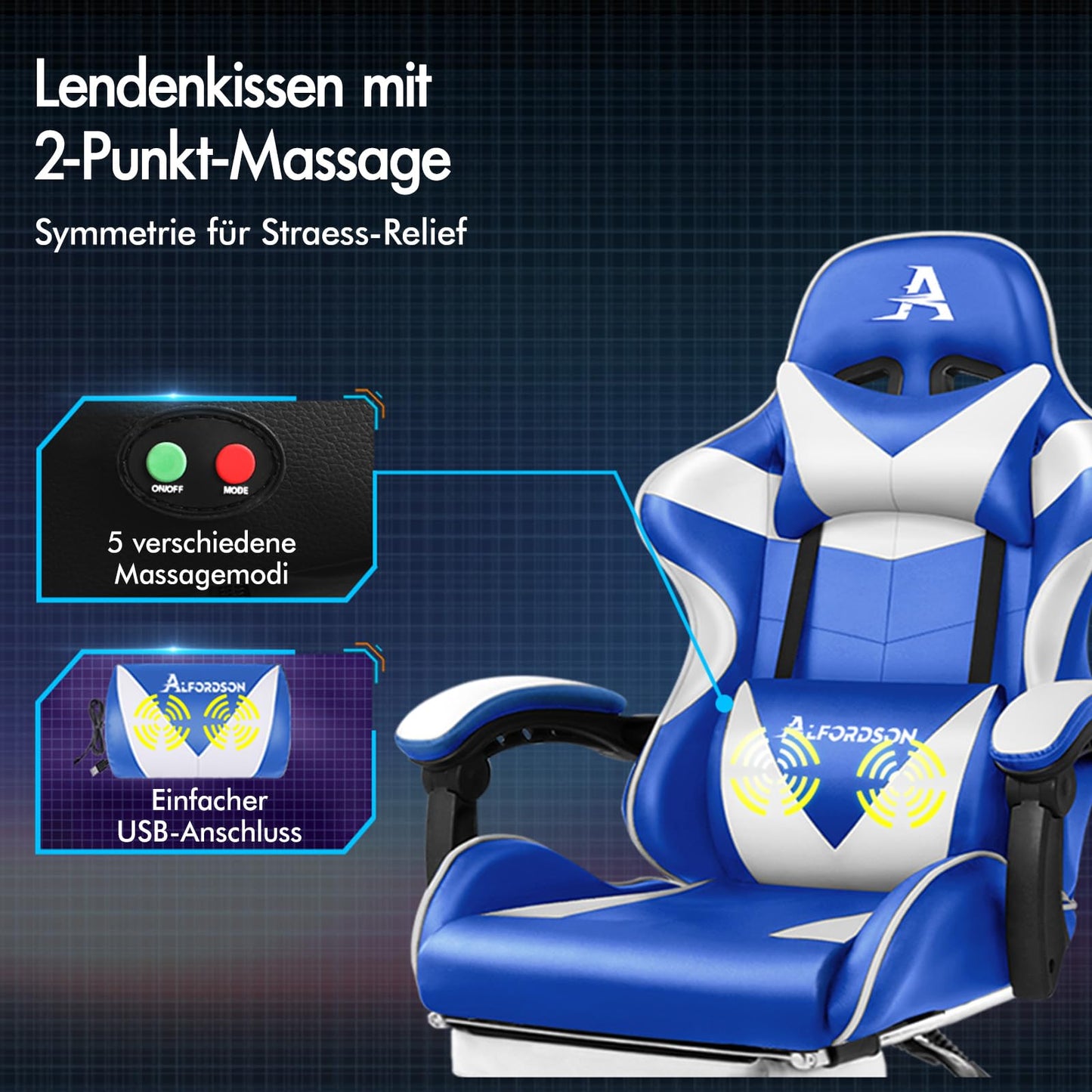 ALFORDSON Videospielstuhl, ergonomischer Bürostuhl, Massage-Rennstuhl, einziehbare Fußstütze, PU-Leder, höhenverstellbar und neigbar, 180 kg Tragkraft, Schwarz