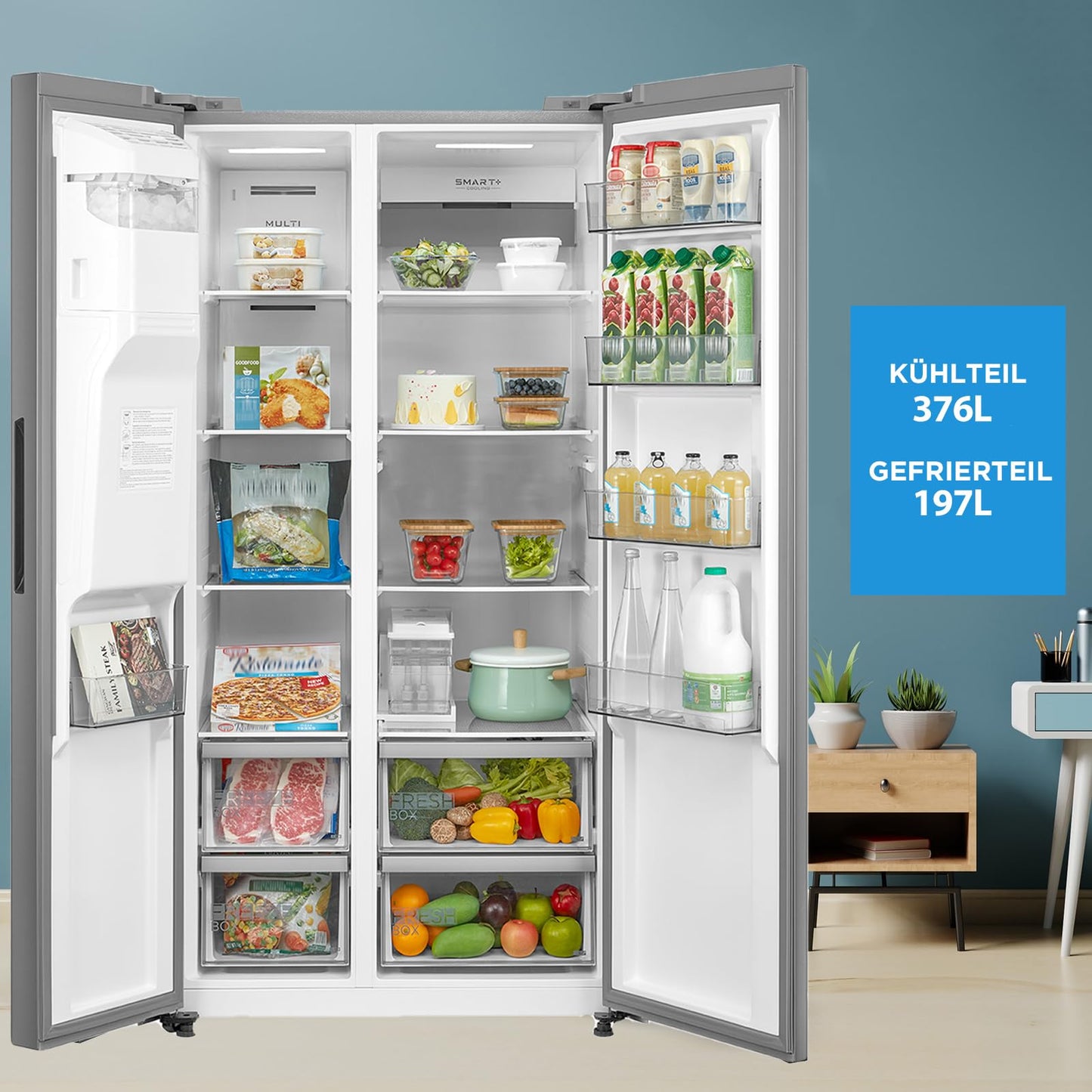 Midea KS-DDX 6.32 WT Side-by-Side Kühl-/Gefrierkombination/ 178,8 cm Höhe/ 254 kWh/Jahr/No Frost/Dual Inverter Compressor/mit 3in1 Wasser-/Eisspender und Wassertank, Dark Inox