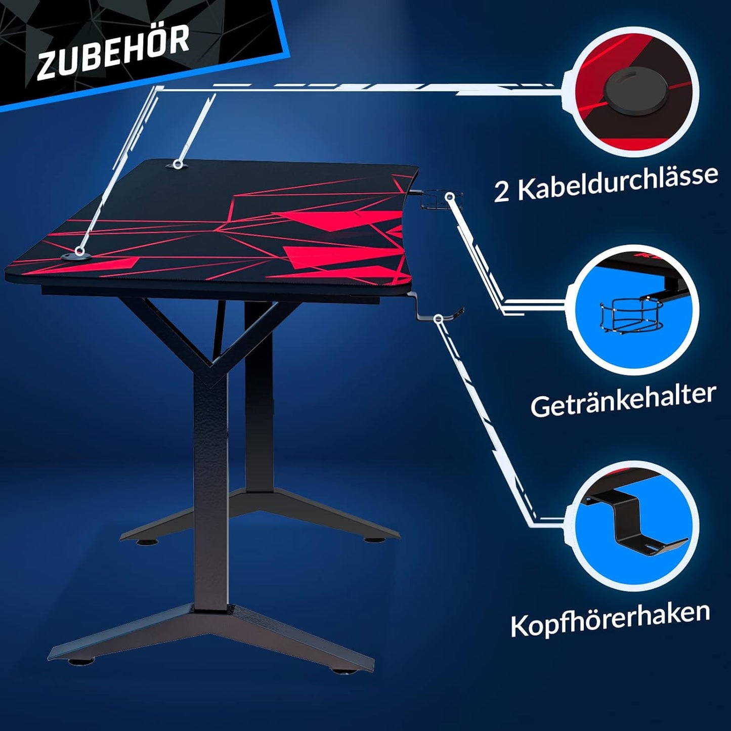 KLIM NEU K152 Gaming Tisch - 152 cm Gaming Schreibtisch, Getränkehalter, Headset Haken - Stabiler Computerschreibtisch aus Metall und Holz - Für Gaming und Büro - 20 Jahre Schutz