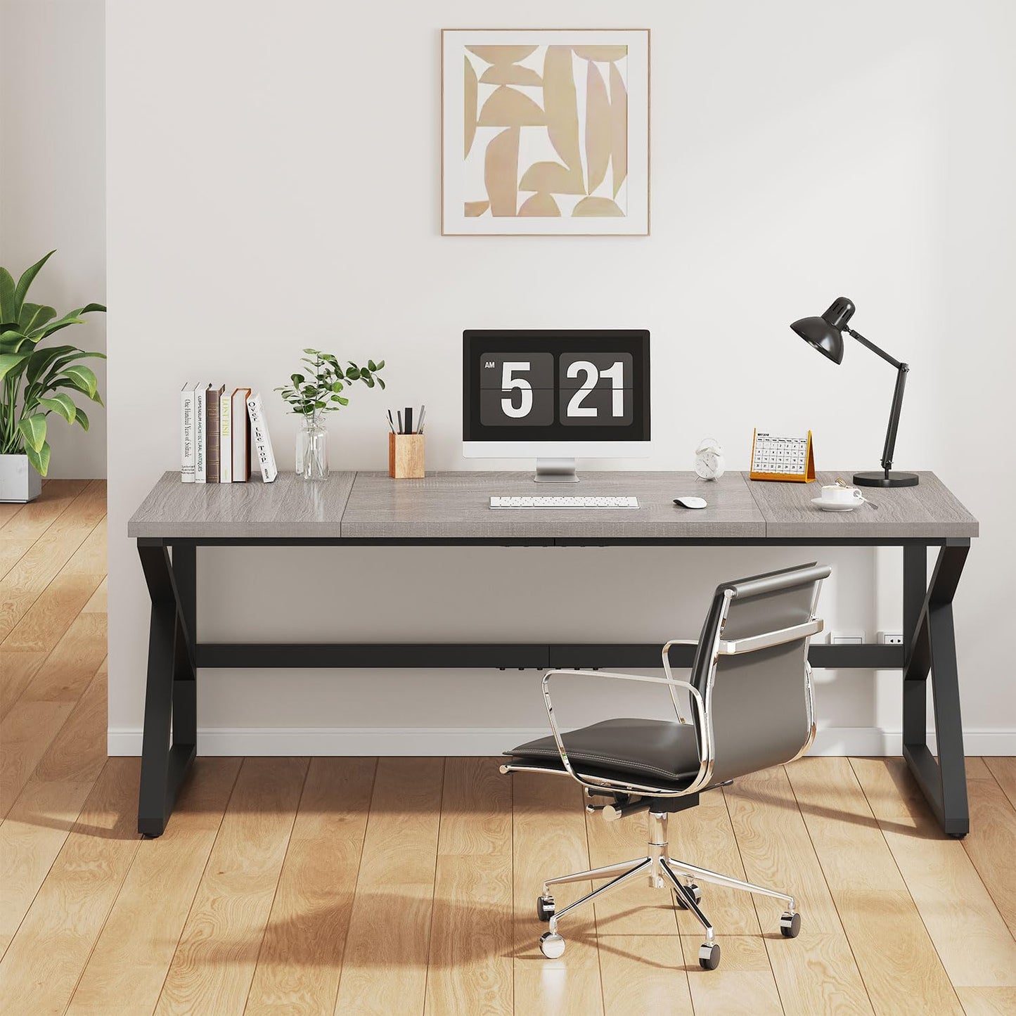 IBF Desk in Brown Colour with a Length of 70 Inches, Industrial Large Double Metal and Wood Desk for Computer, Long Office Table for Home