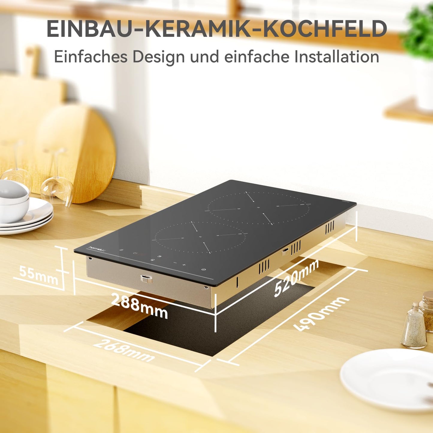 Hermitlux kochfeld 28,8cm, Glaskeramik Kochfeld 2 Platten, 9 Leistungsstufen, Touch-Steuerung, Timer, Kindersicherung, Geeignet für Alle Töpfe, 3300W