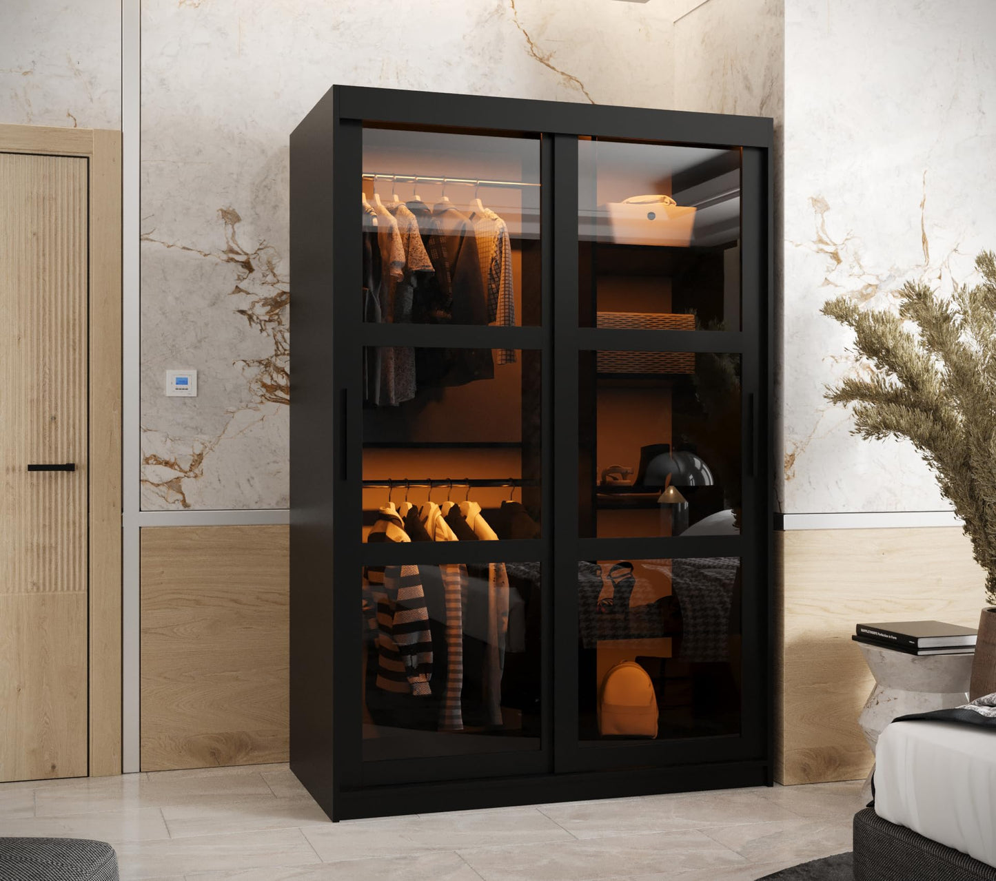MEBLE KRYSPOL Dome 2 Schrank mit DREI Schiebetüren mit Spiegel, Stangen und Regalen - Aufbewahrungsschrank mit Rauchglas für Schlafzimmer, Wohnzimmer - 200x250x62cm - Schwarz, Schwarz, Schwarz