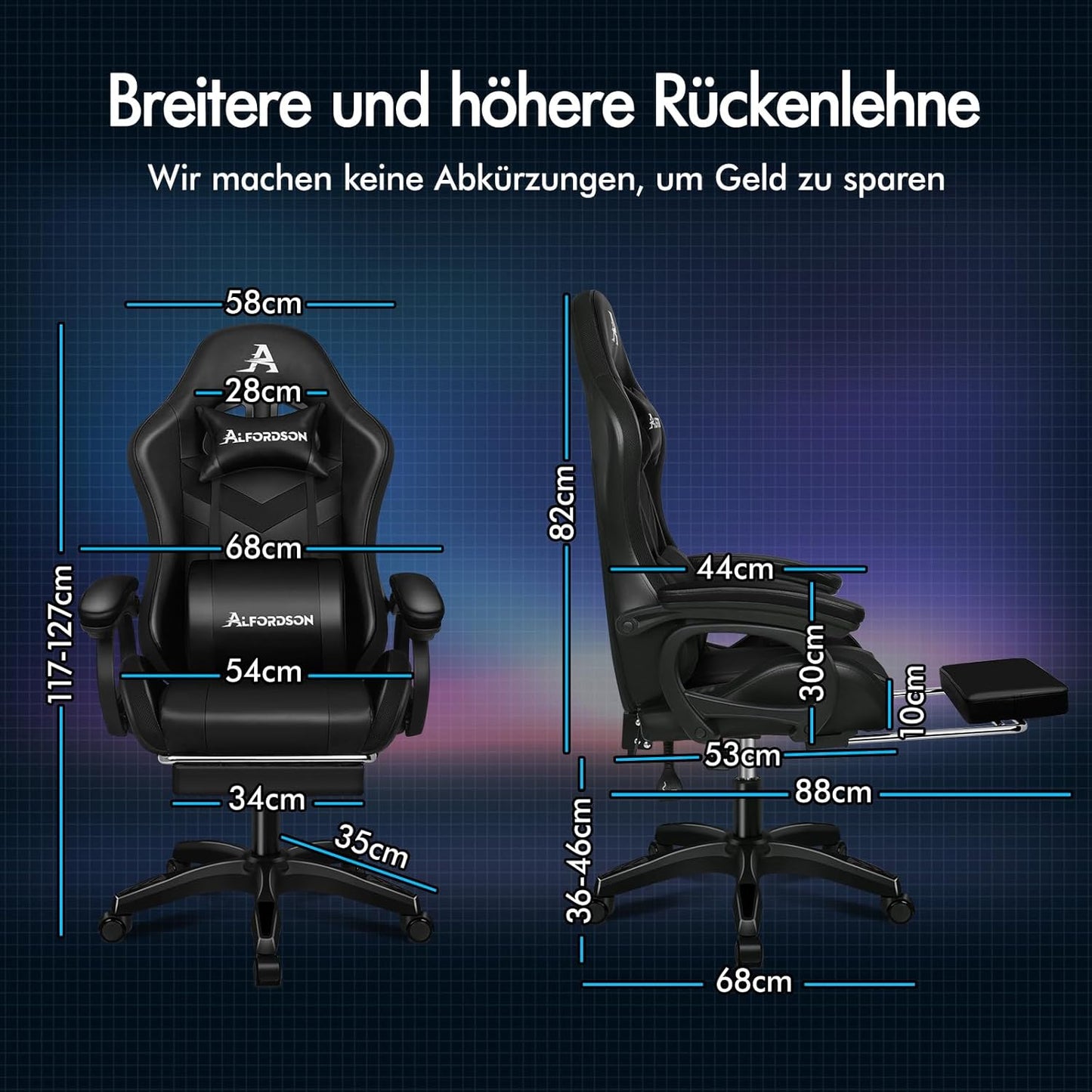 ALFORDSON Racing Gaming Stuhl, Massage Gamer Stuhl mit 12 LED Farben RGB Beleuchtung, Ergonomischer Sessel mit Lordosenstütze, Liegestuhl mit Fußstütze, PU Leder, Schwarz