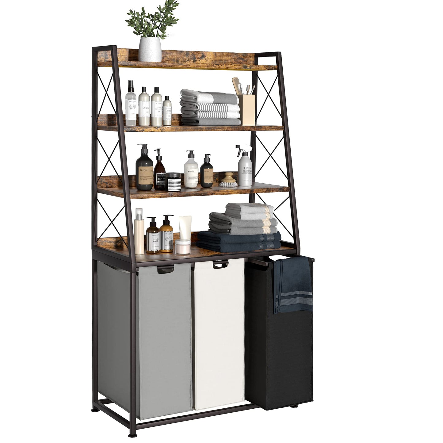 Herture Laundry Basket 3 Compartments Laundry Hamper with 4 Shelves Laundry Basket Removable Laundry Bags Large 3 x 60L for Laundry Room Bathroom Ink Black Vintage Brown PF05XLN