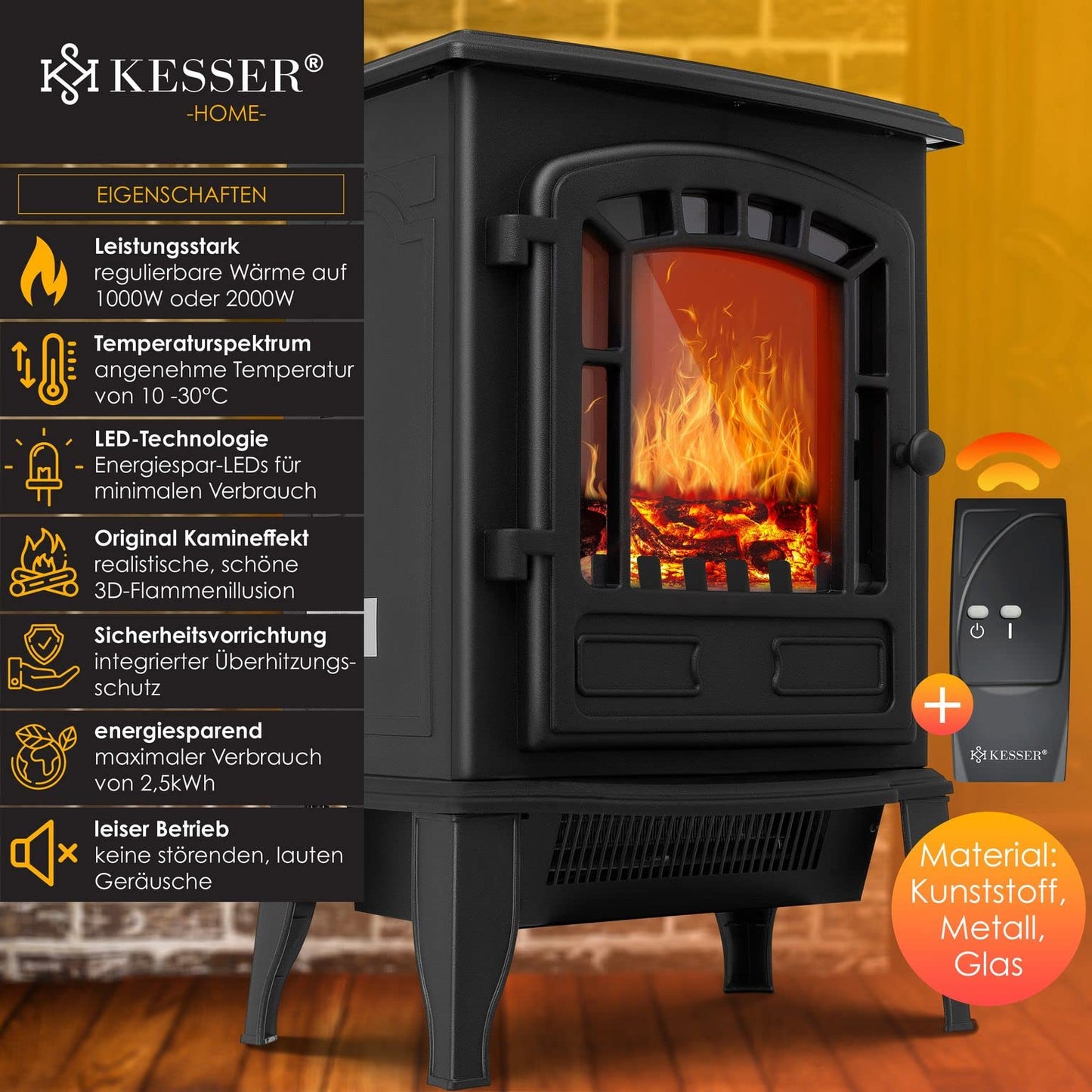 KESSER® Elektrokamin mit Heizlüfter & Fernbedienung 2000W Elektro Kamin Elektrischer Heizung LED Kaminfeuer Effekt Kaminofen Flammeneffekt Heizer Ofen geräuscharm regelbar Grau