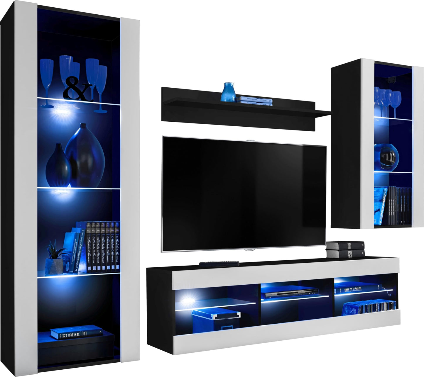 Komodee Tivoli Medio Wall Unit Living Room Set, Black/Black, Width 245 cm x Height 159 cm x Depth 35 cm, LED Blue, for Living Room, Bedroom