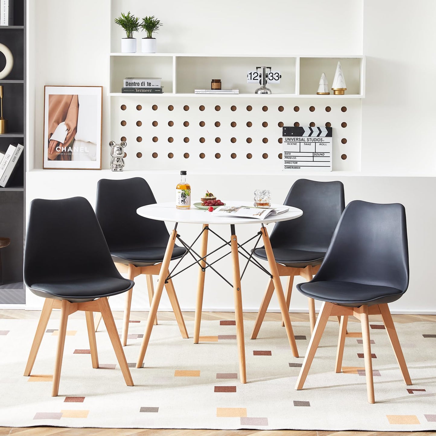 FURNITABLE Round Dining Room Table with 4 White Chairs Dining Room Set for Dining Room Kitchen Living Room
