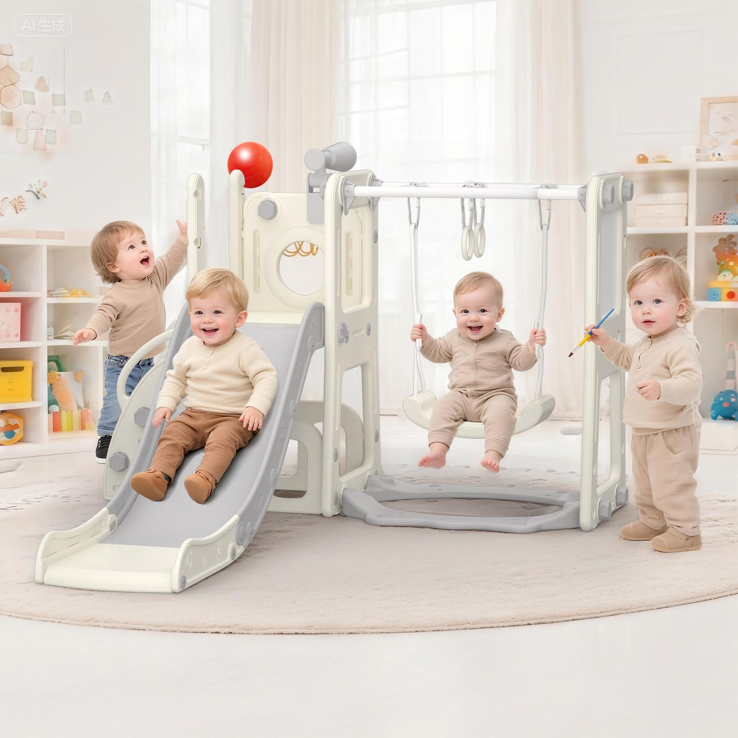 Hominewti Rutsche und Schaukel für Kinder, 8-in-1-Kinderrutsche mit Schaukel, Klettergerüst, Teleskop, Whiteboard, Basketballkorb, Freistehende Rutsche, Spielplatz für Kleinkinder, Grau