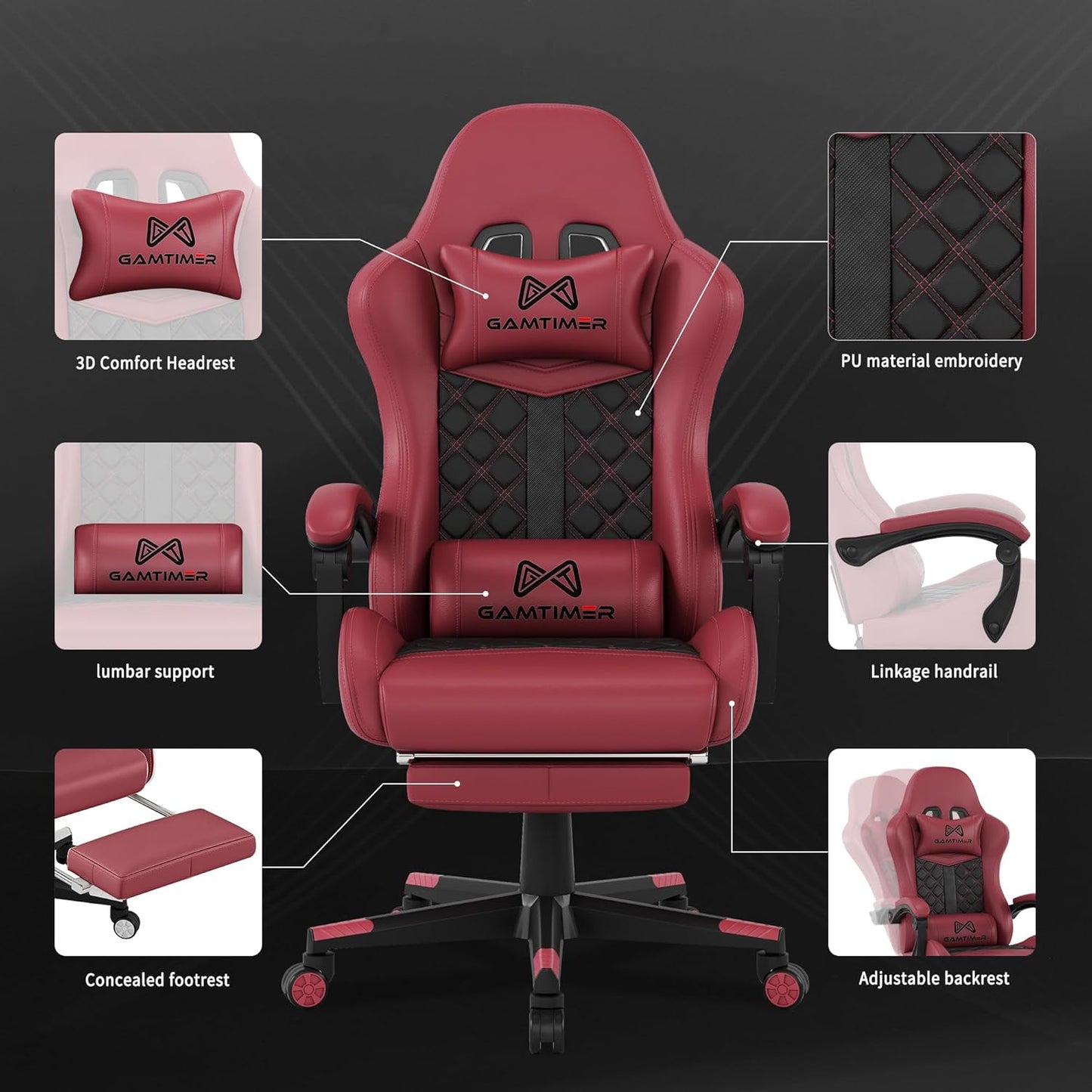 Gaming Chair, Ergonomic Office Chair, PC Chair, Gaming Chair, Lumbar Cushion and Footrest, PU Leather Gamer Chair, Adjustable Backrest from 90-155°, Height Adjustable 360° Swivel Chair (Pink)