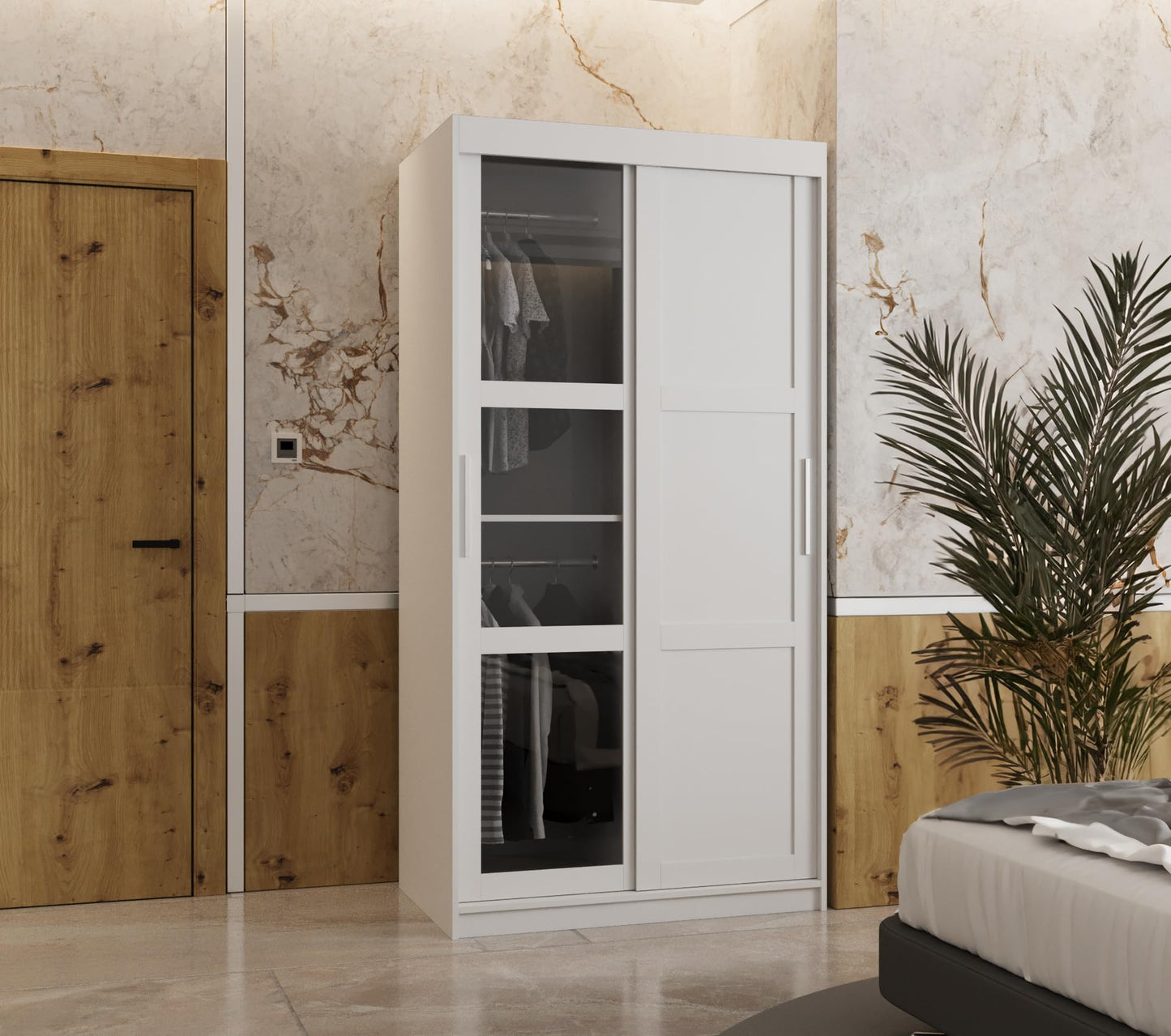 MEBLE KRYSPOL Dome 2 Schrank mit DREI Schiebetüren mit Spiegel, Stangen und Regalen - Aufbewahrungsschrank mit Rauchglas für Schlafzimmer, Wohnzimmer - 200x250x62cm - Schwarz, Schwarz, Schwarz