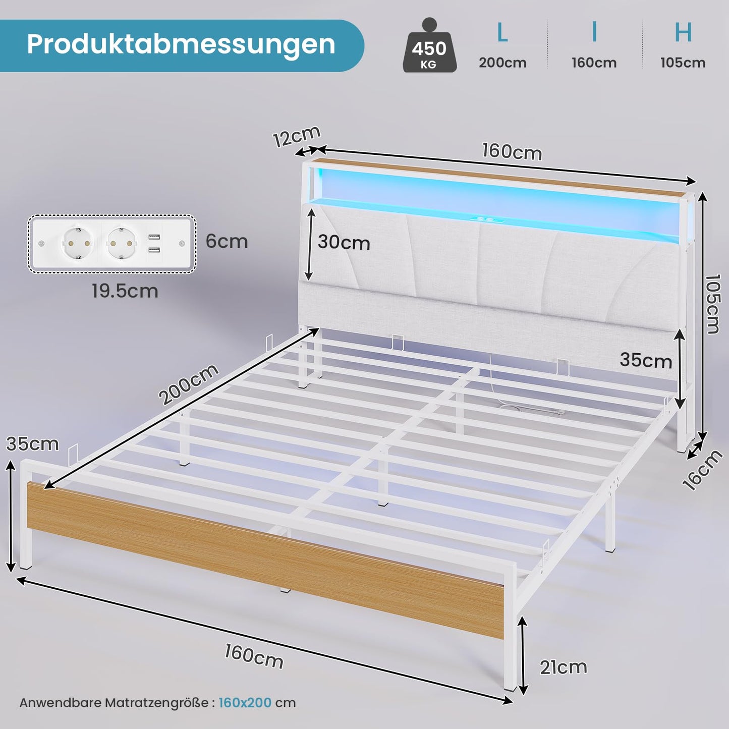 Brinlawb Bed 140 x 200 cm with Metal Slatted Frame, Bed Frame 140 x 200 cm with LED Lighting, Metal Bed 140 x 200 cm with Headboard and Charging Station (2 AC Sockets, 2 USB Ports), Youth Bed, Double