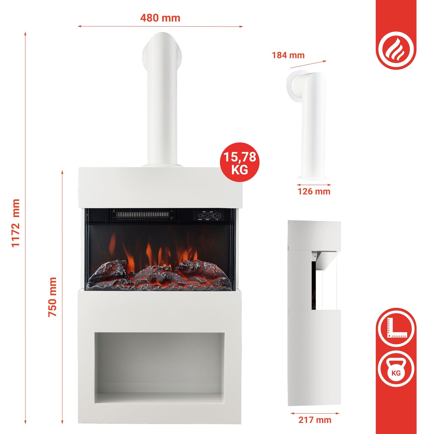 KAMINIO Henri Electric Fireplace with Stove Pipe - Electric Stove with Heater, 3D Flame Effect, Wooden Compartment, Remote Control (White)