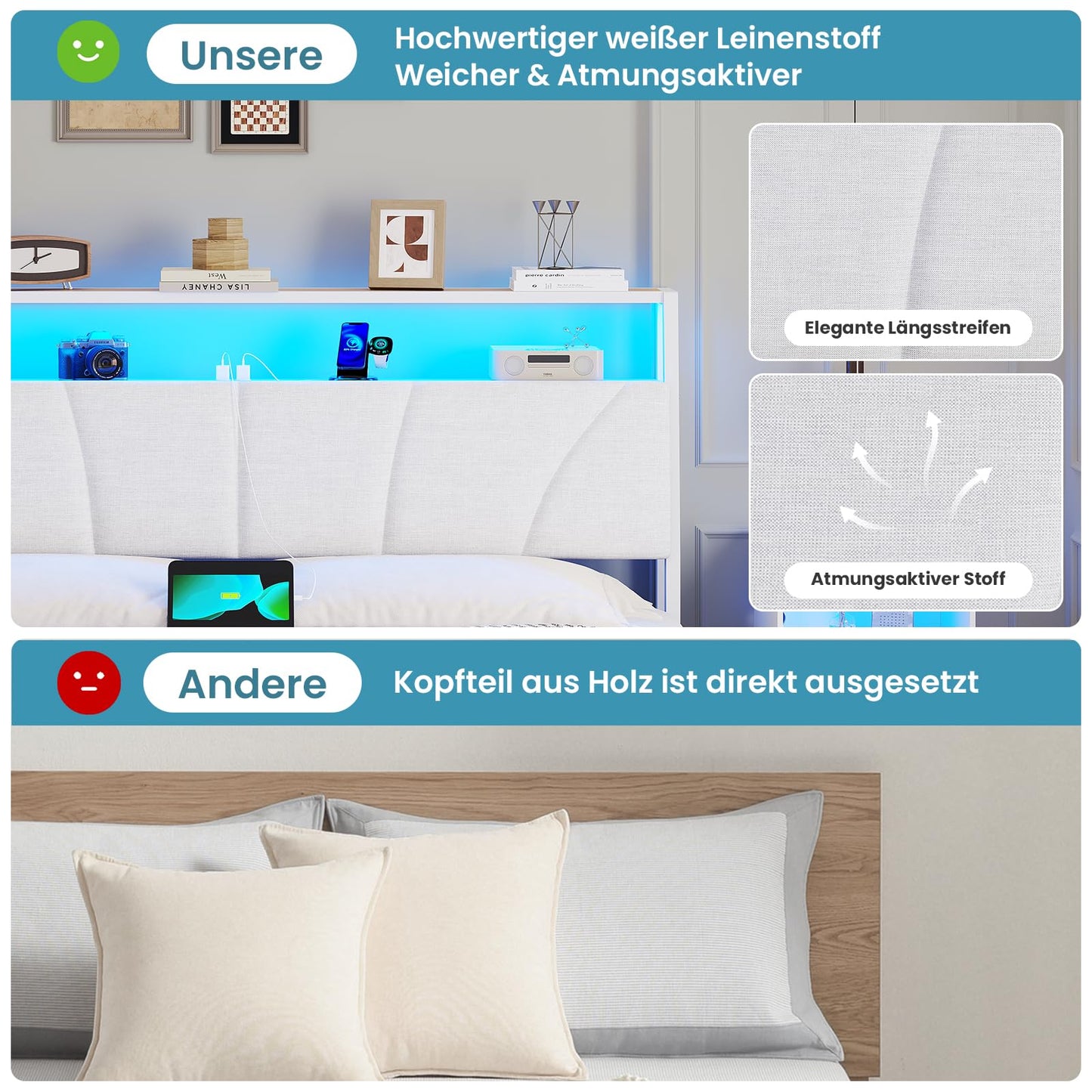 Brinlawb Bed 140 x 200 cm with Metal Slatted Frame, Bed Frame 140 x 200 cm with LED Lighting, Metal Bed 140 x 200 cm with Headboard and Charging Station (2 AC Sockets, 2 USB Ports), Youth Bed, Double