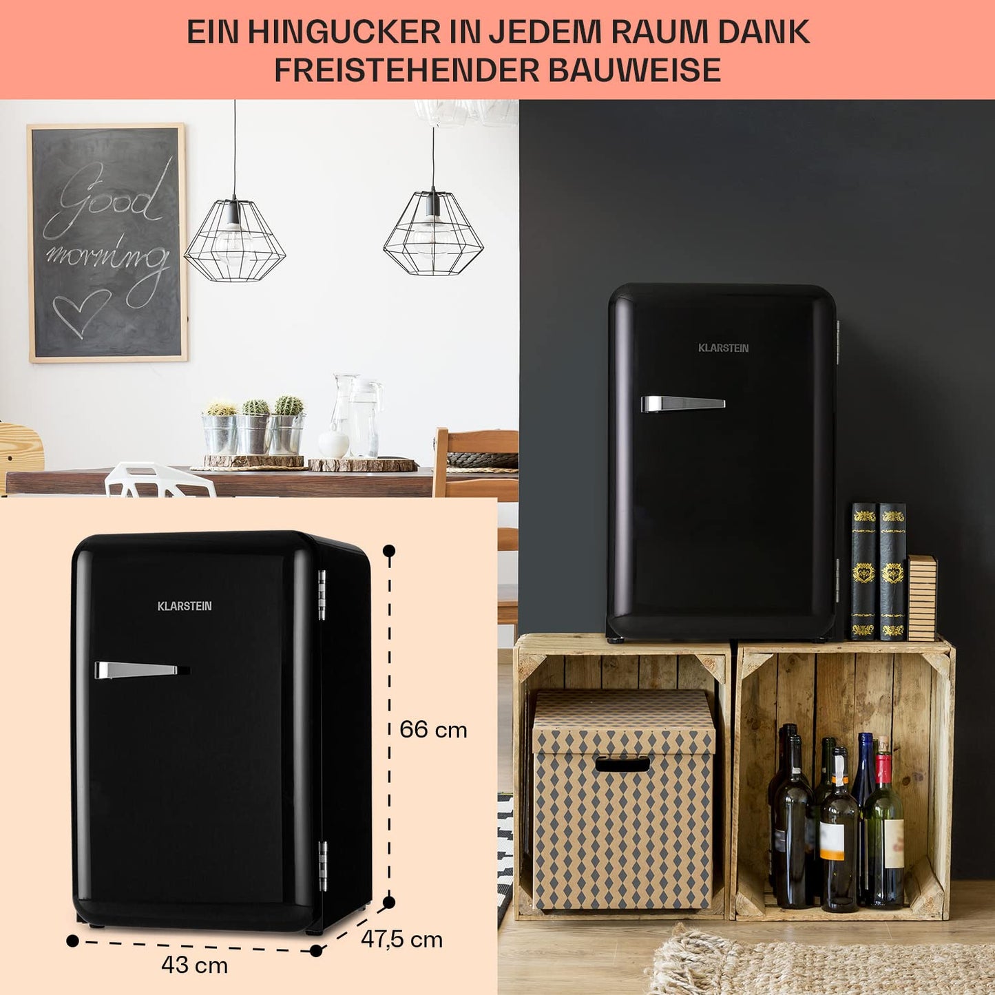 Klarstein Kühlschrank, Mini-Kühlschrank für Getränke, Kühlschrank Klein, Kleiner Kühlschrank Lautlos, Skincare Fridge, Vintage Design, Camping Kühlschrank, Minikühlschrank für Zimmer, 0-10°C, 70 L