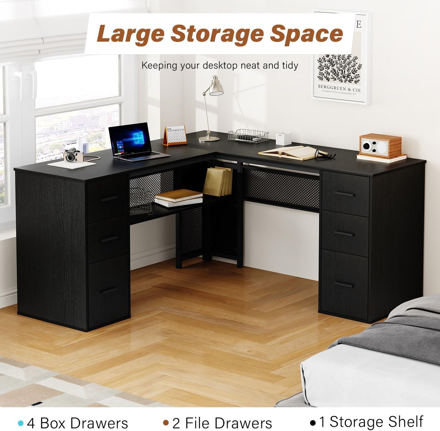 HSH - Black L Shape Corner Desk with Filing Drawers and Shelves, Reversible Corner Desk Made of Metal and Wood with Storage Cabinets