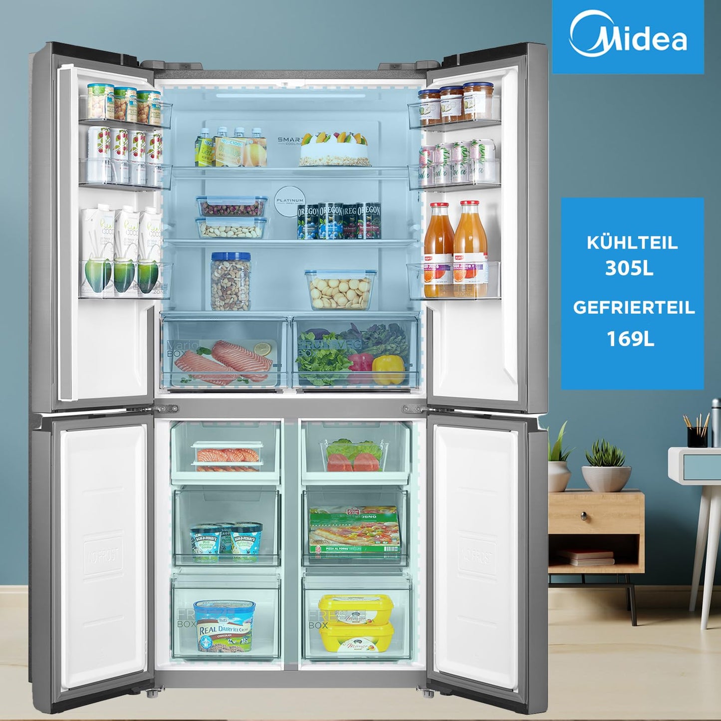 Midea MDRF632FIE28 Multi Door Fridge/Freezer Combination / 177.5 cm Height / 83.3 cm Width / 65.3 cm Depth / NoFrost / 295 kWh per Year / 305 L Fridge Capacity / 169 L Freezer Capacity / Plasma Pure /