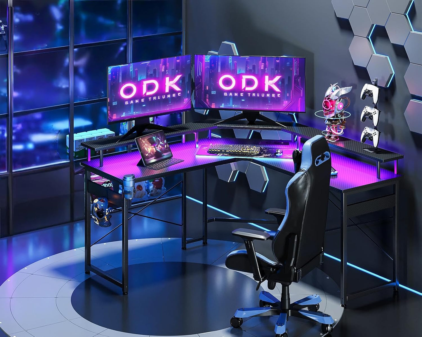 ODK Gaming Tisch mit LED, Gaming Schreibtisch mit 2 Steckdosen und 2 USB Ladeanschluss, PC Tisch Gaming mit großzügiger Monitorablage, Gamer Schreibtisch in Kohlefaser Weiß, 129x129 cm