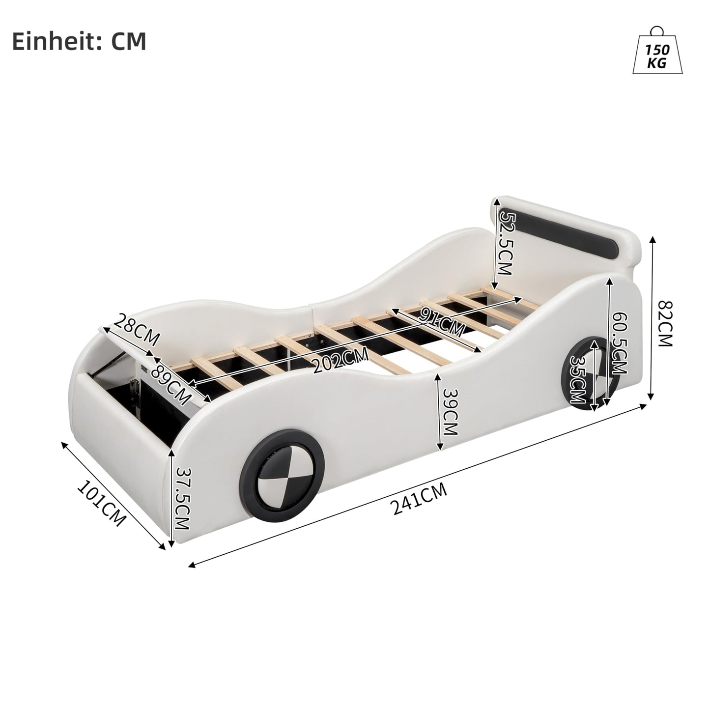 Autobett Kinderbett Jugendbett 90x200, Polsterbett Einzelbett mit leuchtenden Rädern&Stauraum, Aufregendes Auto Kinderbett für kleine Rennfahrer, Kinder Spielbett mit Lattenrost, PU,Ohne Matratze,Weiß