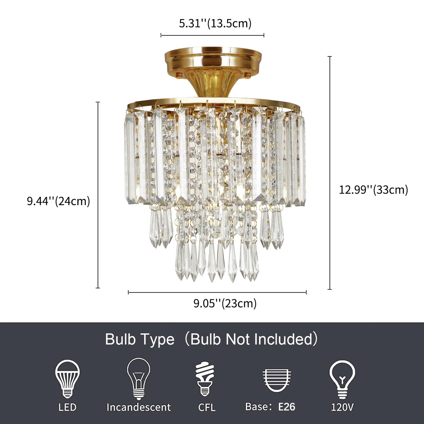 FRIDEKO HOME Modern Kronleuchter Kristall Deckenleuchte Gold,Kleine Kristall Deckenlampe E27 Fassung für Wohnzimmer Schlafzimmer Küche Flur,Ø23cm