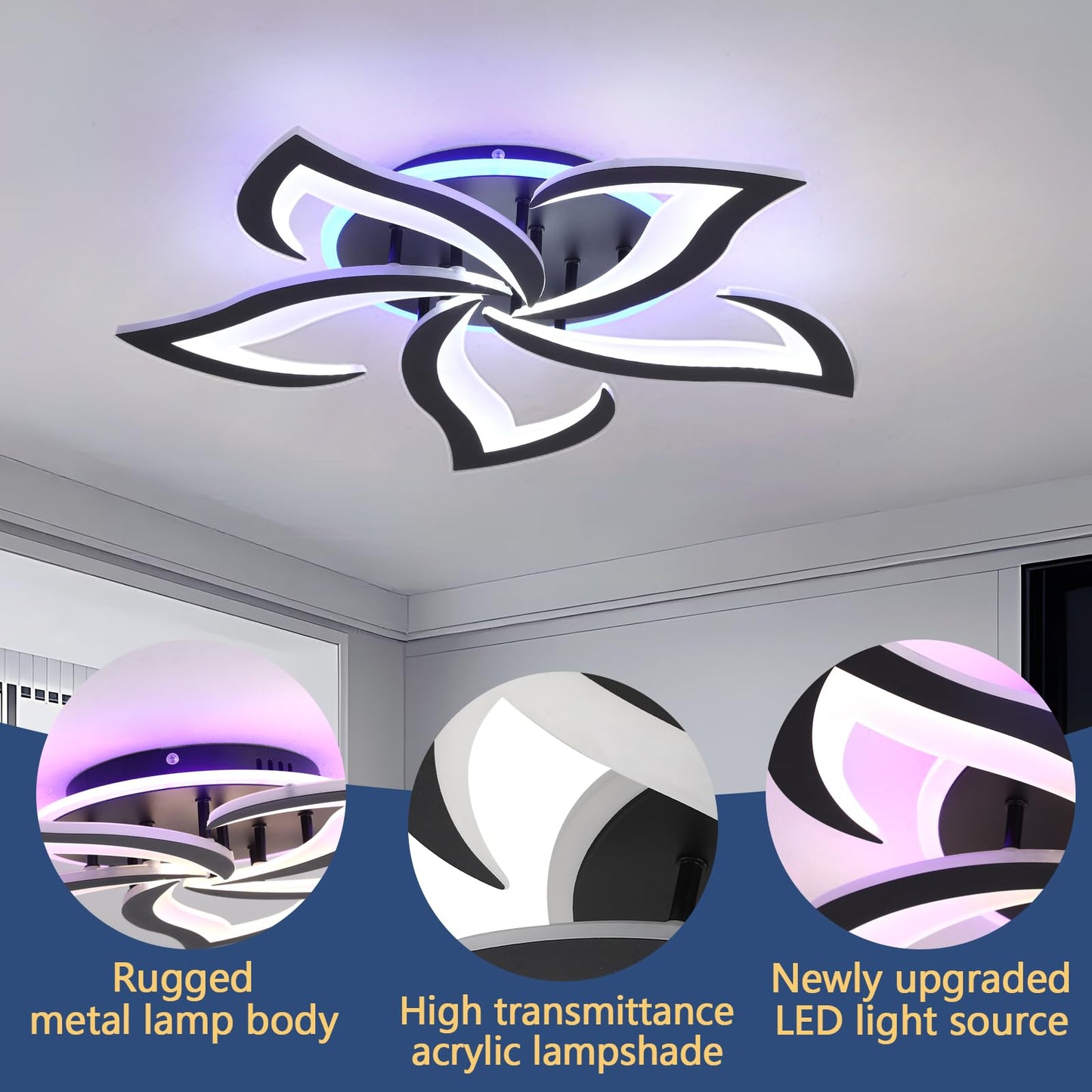 ZAITINZ Deckenlampe Led,5 blütenblätter Wohnzimmerlampe,Deckenleuchte Dimmbar mit fernbedienung,lampe wohnzimmer 50W,Moderne Deckenleuchten mit Memory Funktion,Led Deckenleuchte Schwarz 3000-6000K