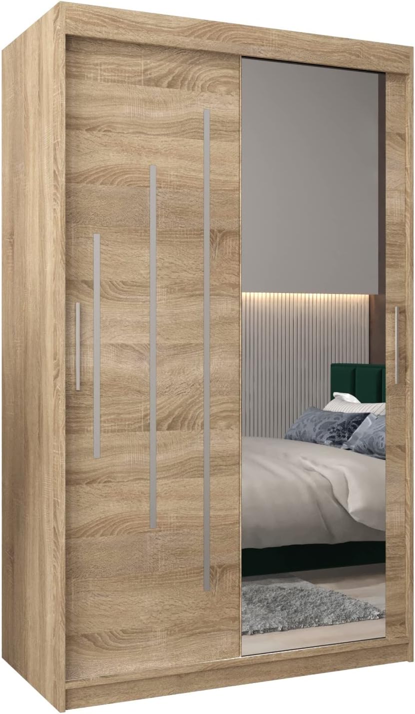 MEBLE KRYSPOL Kleiderschrank mit Spiegel York 2 - Garderobenschrank - Schrank Schlafzimmer - Mehrzweckschrank Zwei Schiebetüren - Regalen - Flur Möbel - Kleiderstange Schrank - Allzweckschrank