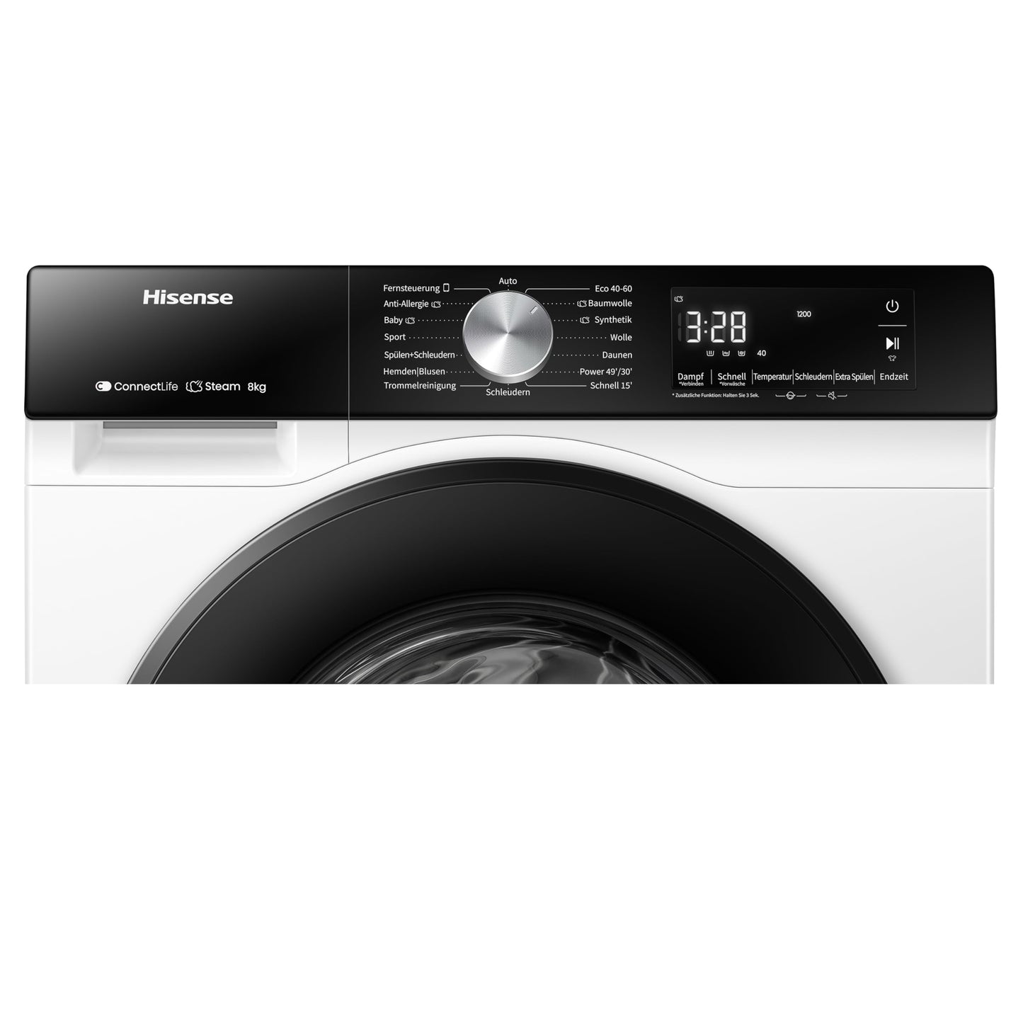 Hisense WF3S8043BB3 Waschmachine mit Dampffunkunktion, 8 kg, 1400 U,min, WIFI, ConnectLife, Power JetWash, Anti-Allergie Programm, Aqua Stop, Auto Wash, Quick Wash, EEK A-30 Prozent