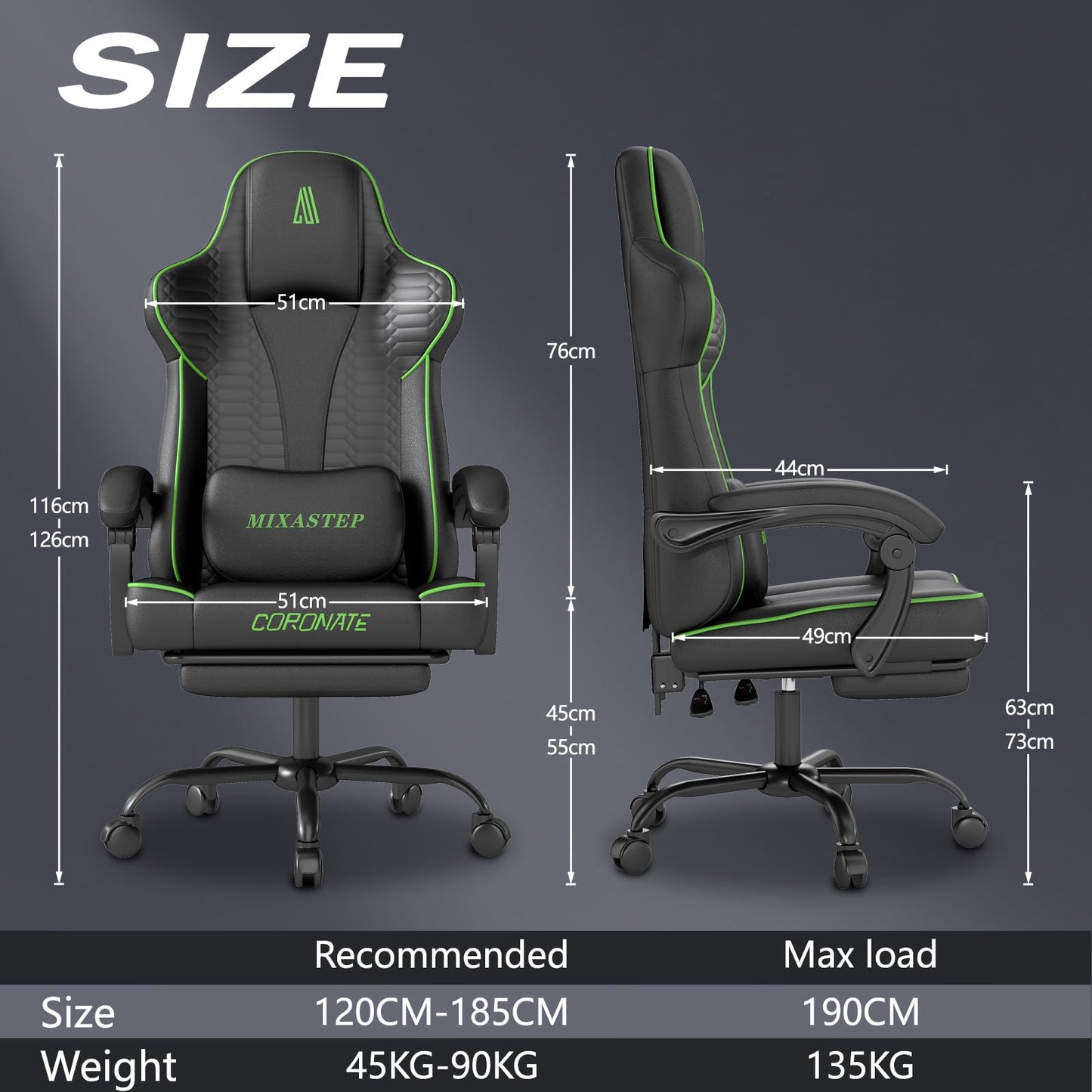 NSMAZXO Gaming Stuhl Ergonomisch mit Verstellbarer Rückenlehne & 360° Drehfunktion - Bürostuhl für Erwachsene/Jugendliche 150KG,PC-Stuhl Stoff in Grün für Homeoffice/Gaming