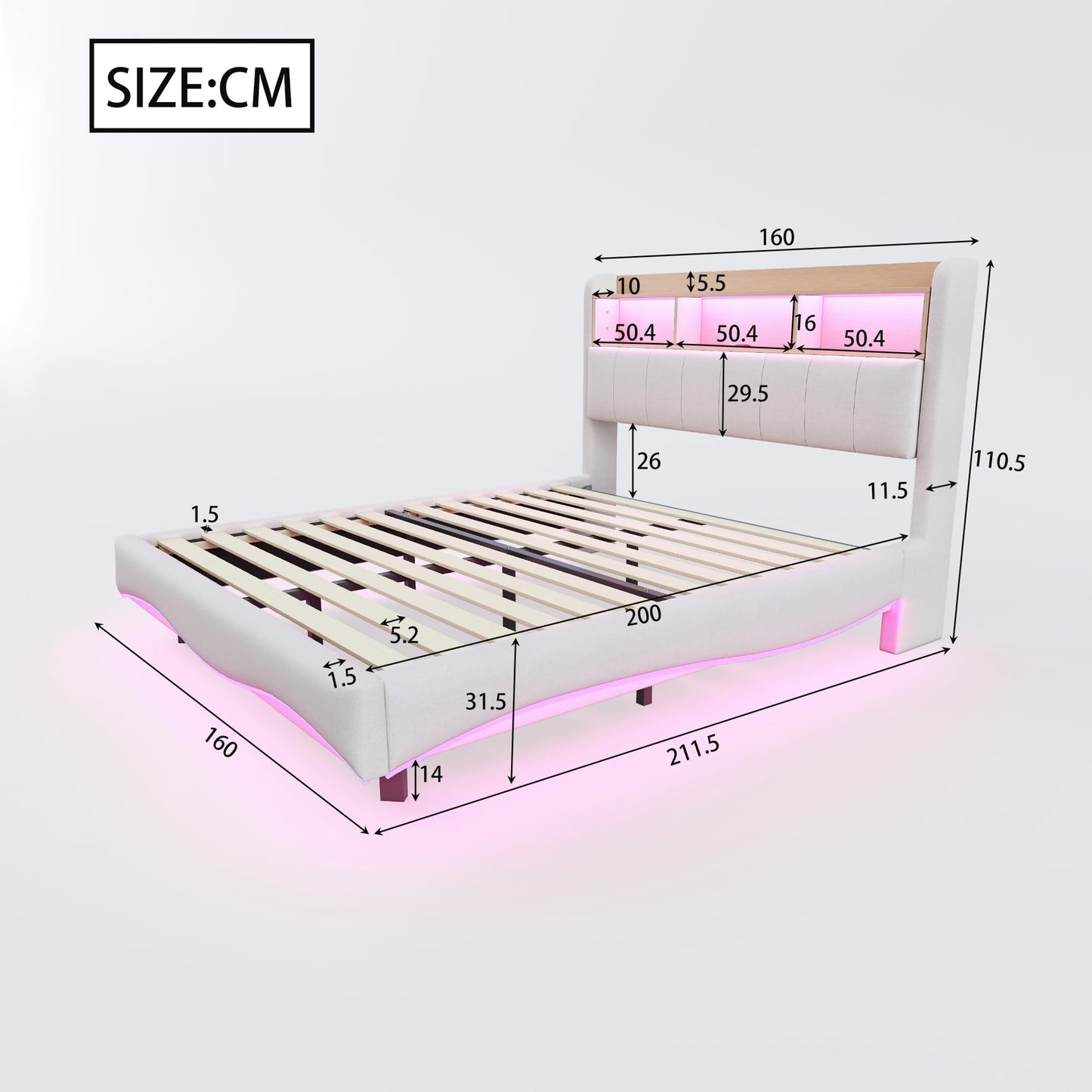 LAKFEW Polsterbett 140X200 cm, Doppelbett Stauraumbett mit LED-Beleuchtung, Erwachsenenbett mit USB/Typ-C, Bettgestell Bett mit Lattenrost, Ohne Matratze, Grau, Leinen