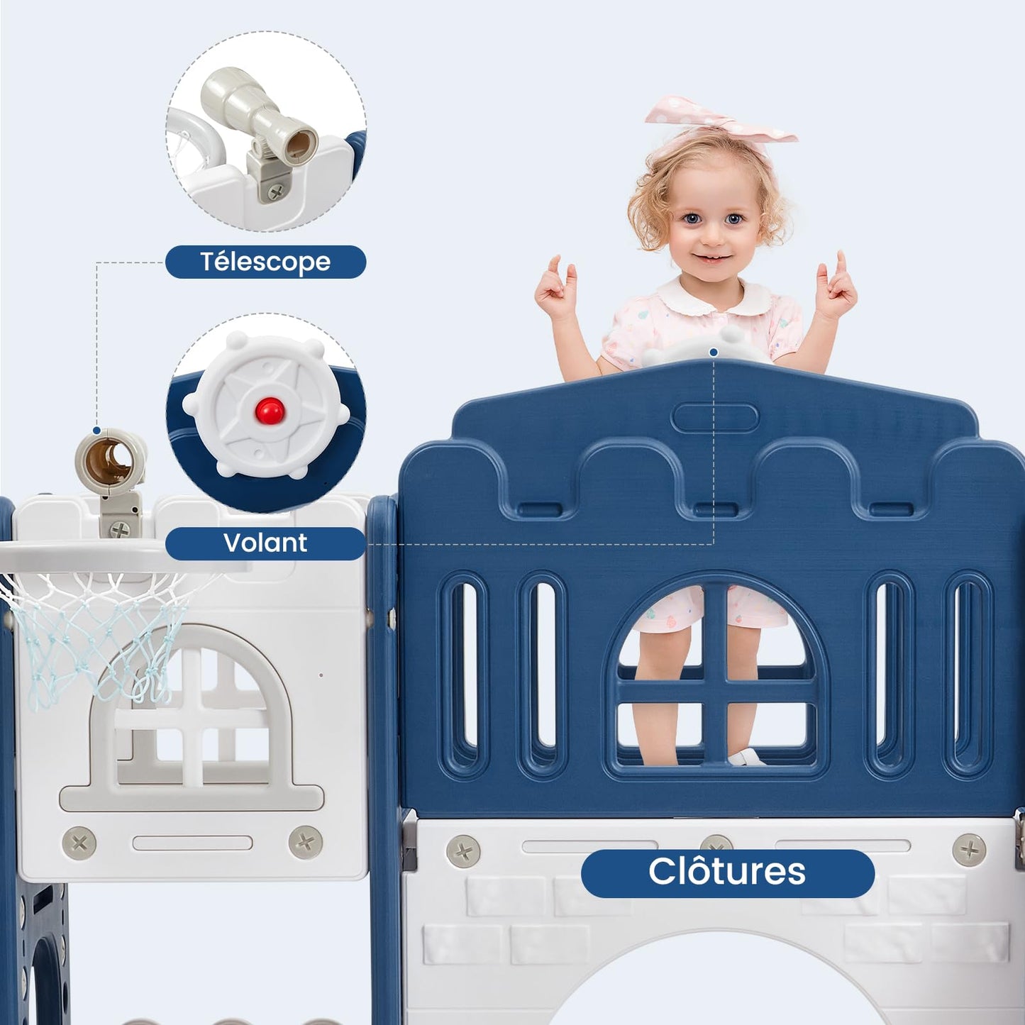 Kinder Rutsche 8 in1 Mit Klettern, Teleskop, Basketballkorb,Tunnel, Bohrspiel und Stauraum, Kleinkinderklettergerüst für Kleinkinder 1–3 Jahren