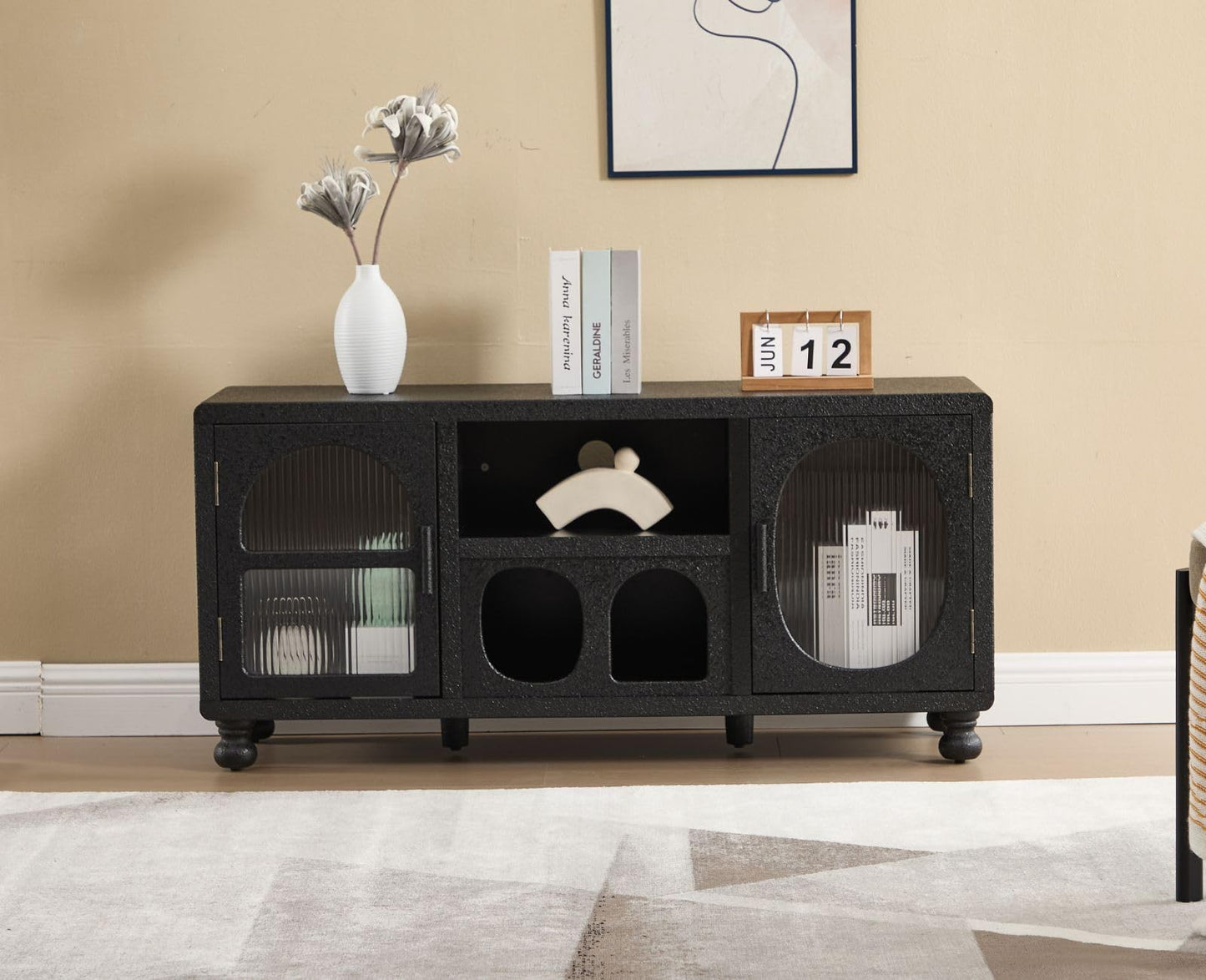 Ya-Home Lowboard with 2 Glass Doors Storage Cabinet with Compartments Sideboard with Solid Wood Legs for Living Room Black