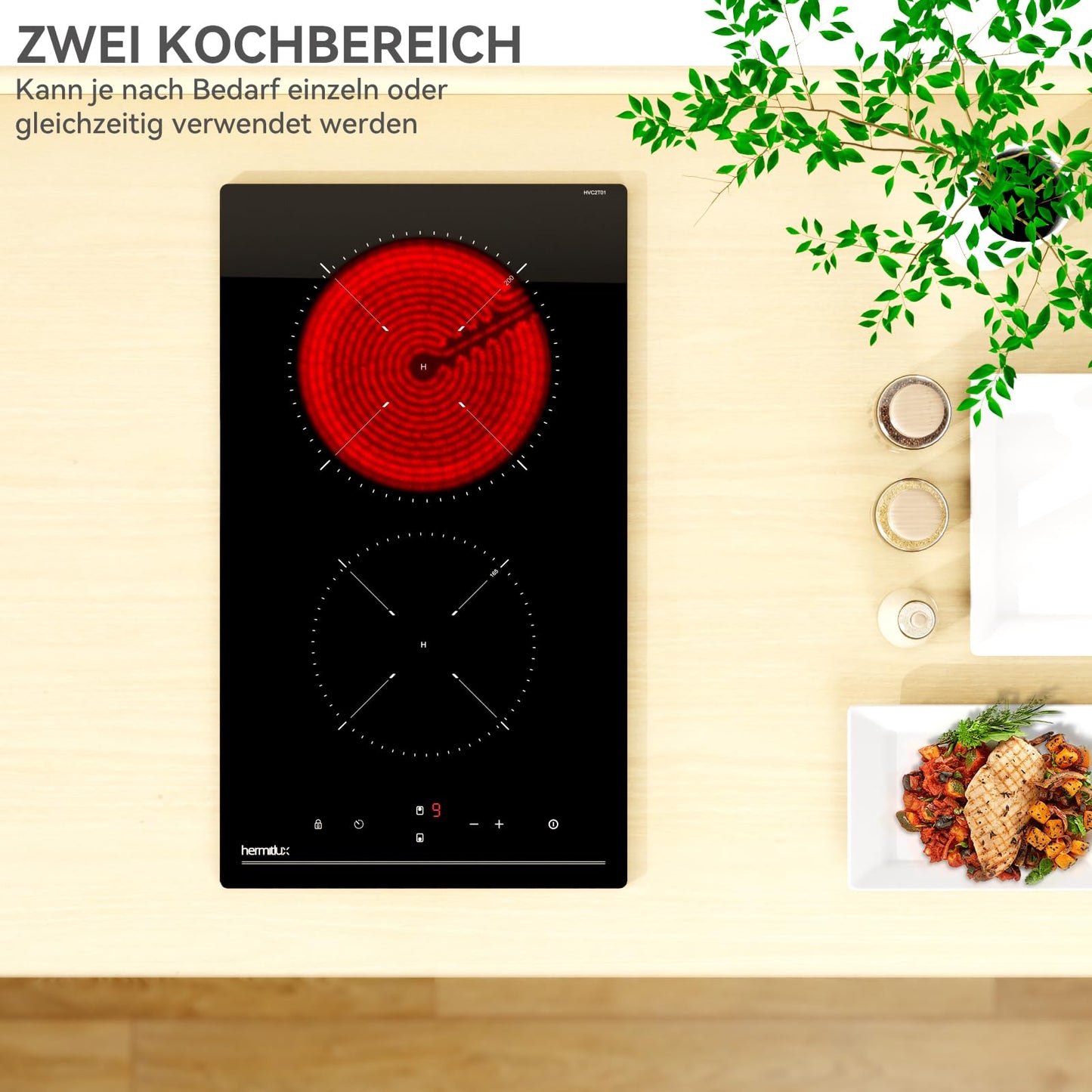Hermitlux kochfeld 28,8cm, Glaskeramik Kochfeld 2 Platten, 9 Leistungsstufen, Touch-Steuerung, Timer, Kindersicherung, Geeignet für Alle Töpfe, 3300W