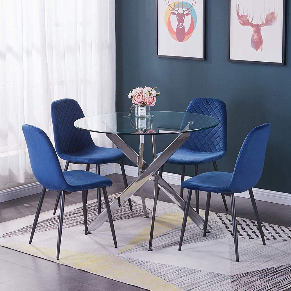 GOLDFAN Dining Table with 4 Chairs Dining Table Round Glass Kitchen Table Dining Room Chair Velvet 80 cm Green