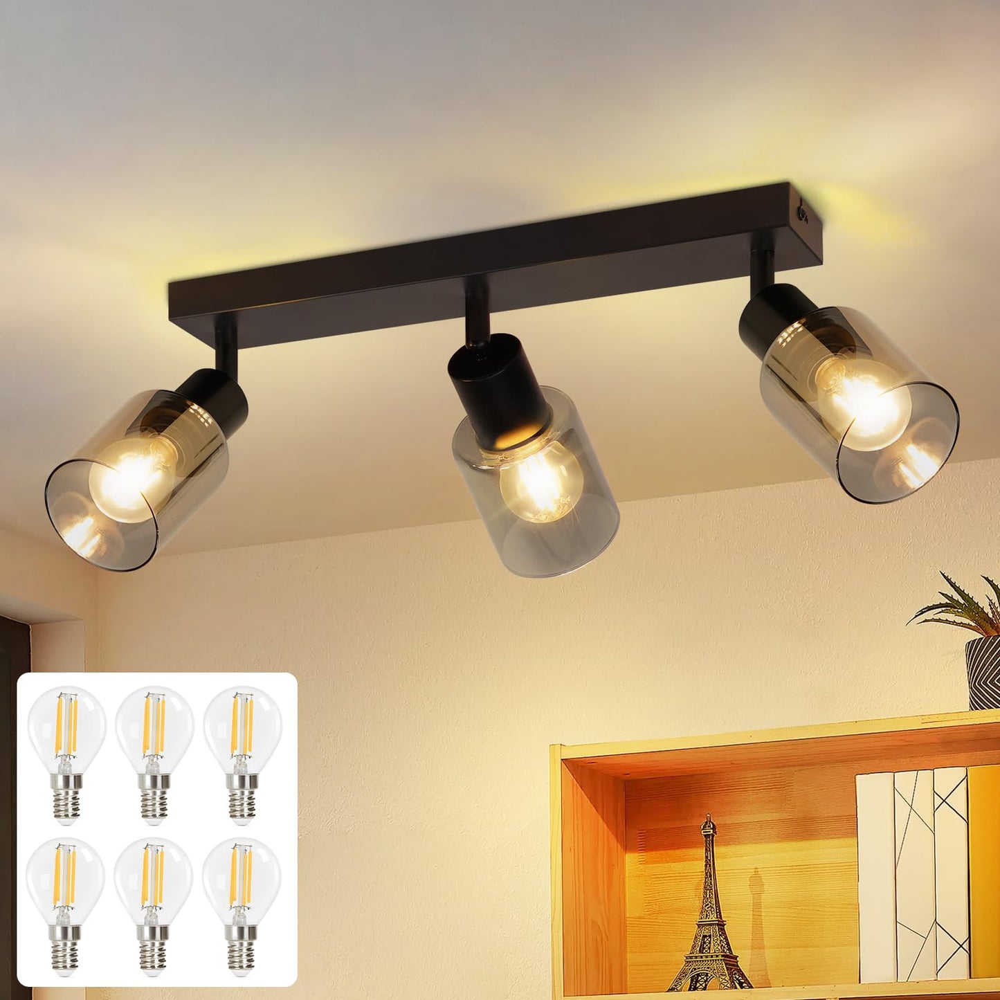 Kowanie Deckenlampe Vintage 6 flammig: Industrial Wohnzimmerlampe Schwarz Deckenleuchte Wohnzimmer retro Kronleuchter aus Glas Deckenbeleuchtung inkl. 6 × E14 2700K Leuchtmittel für Küche