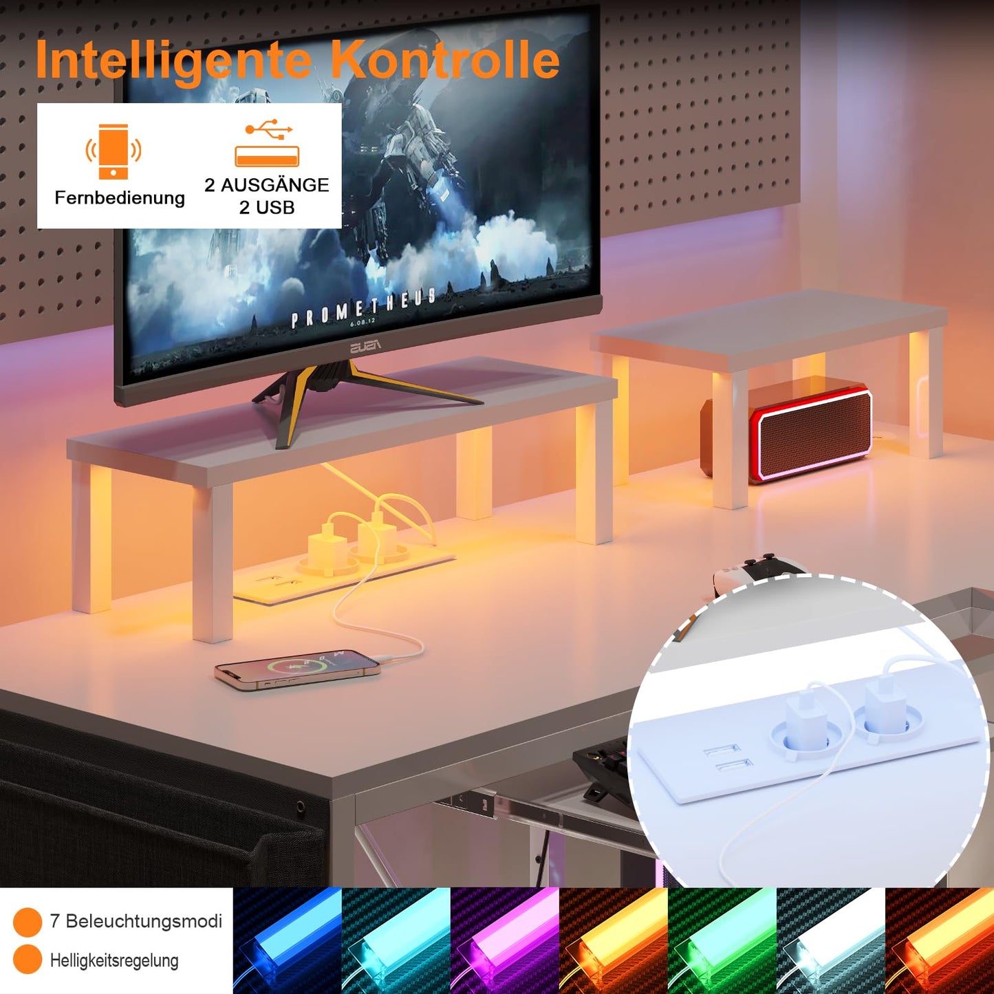 Flamaker Gaming Tisch l Form 140x140 cm - Eckschreibtisch mit RGB LED, Monitorständer & Ablagefach | 2 Steckdosen + 2 USB-Anschlüsse (Weiß)