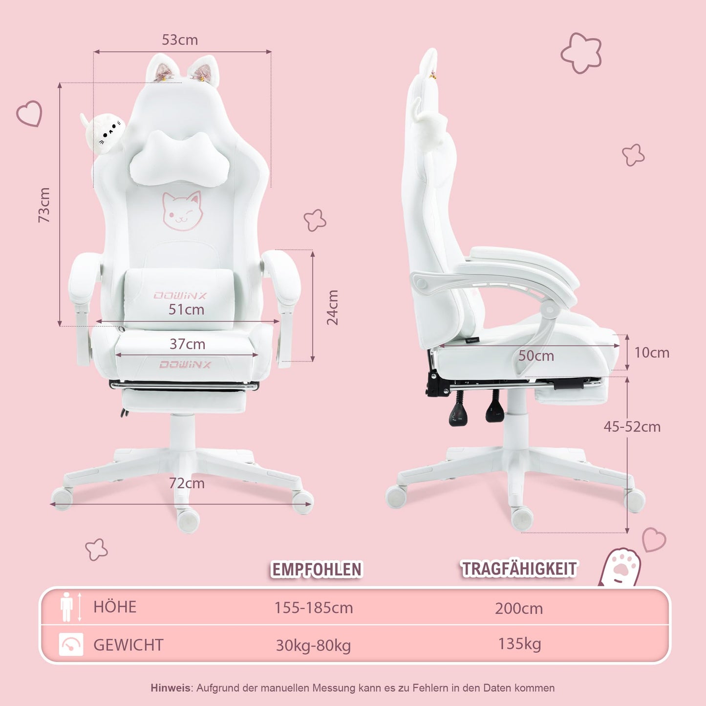 Dowinx Gaming Chair - Cute Cat Edition - Ergonomic Computer Chair with High Back and Lumbar Support, PU Leather, Footrest, Black