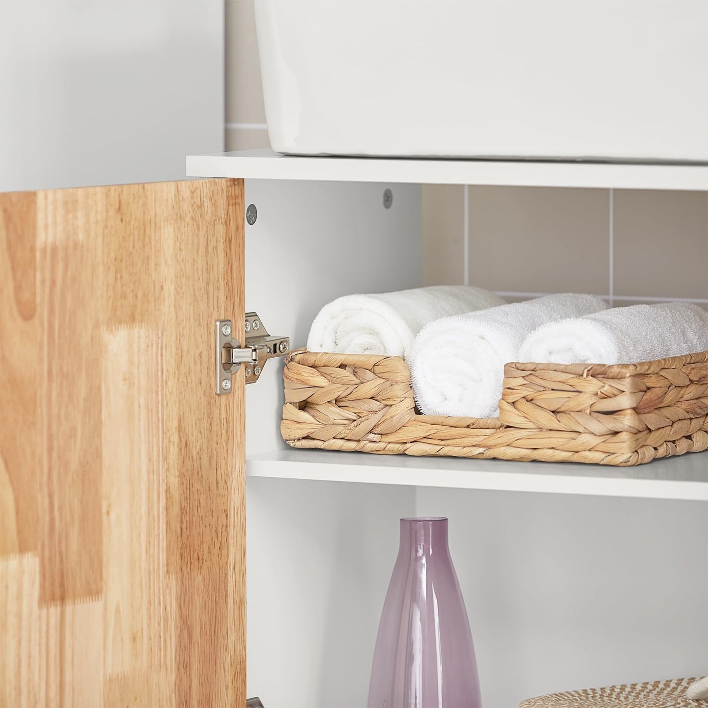 SoBuy BZR75-W Vanity Unit Bathroom Furniture - Bathroom Cabinet with Siphon Cut-Out, 2 Doors & 2 Open Compartments - Space-Saving Vanity Unit, White / Natural 60 x 60 x 29 cm