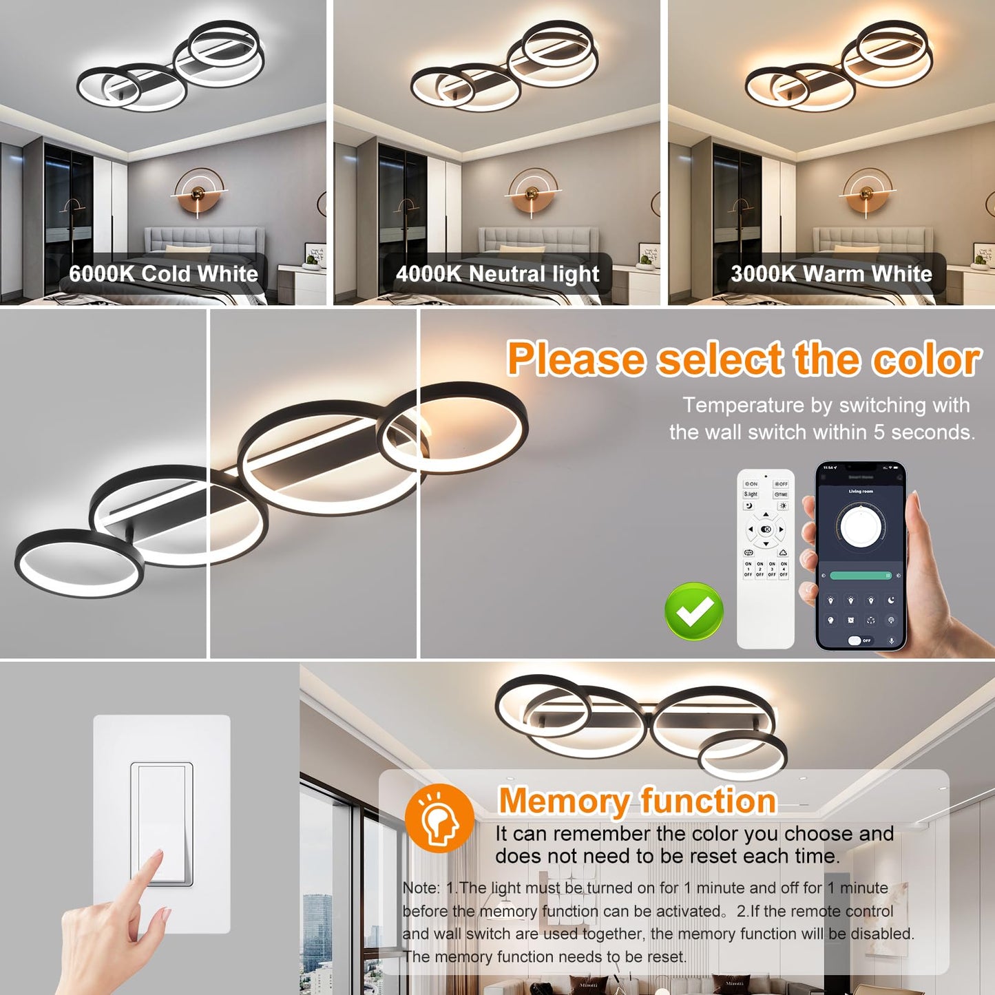 LED Ceiling Lamp, Dimmable Ceiling Light with Remote Control App, Adjustable Ring Shape Living Room Lamp 4 Bulbs Chandelier Lamp, 48 W 3000-6500 K Ceiling Lighting for Bedroom Living Room, Black, 86