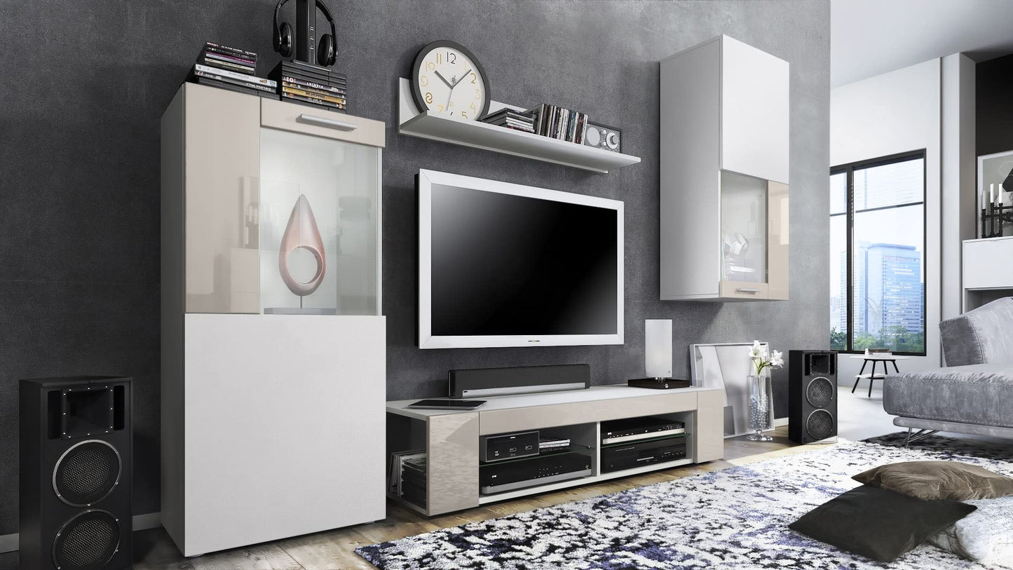 Vladon Wohnwand Movie, Anbauwand bestehend aus 1 TV-Board, 2 Vitrinen und 1 Regal, Weiß matt/Weiß matt/Weiß Hochglanz (Gesamt: 300 x 190 x 39 cm)