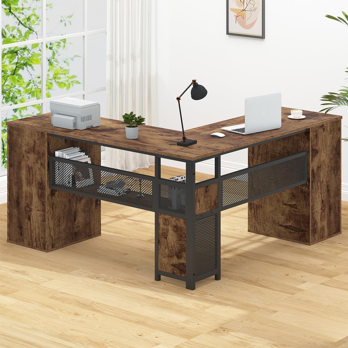 HSH - Black L Shape Corner Desk with Filing Drawers and Shelves, Reversible Corner Desk Made of Metal and Wood with Storage Cabinets