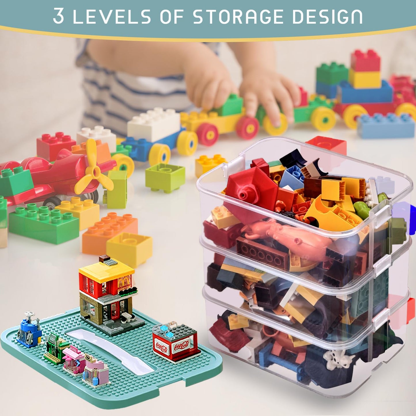 Kinder Aufbewahrungsbox mit Deckel Bausteine Boxen Aufbewahrung Spielzeugkiste Kinderzimmer Kinderbox 3 Stufen Stapelboxen Staubox Ordnungsboxen Transparent Organizer Box Trennbare Kunststoffbox