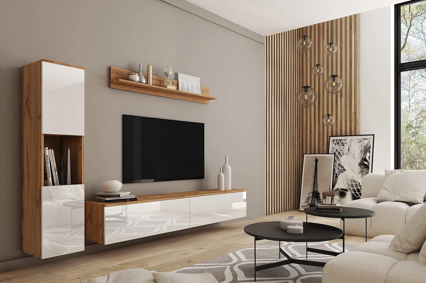 MINIO go for it - Parma XL Wall Unit, 4-Piece Set, with LED Lighting, Hanging or Standing, 2 x Highboard, Lowboard, Wall Board, Laminated Chipboard, Colour: Wotan Oak