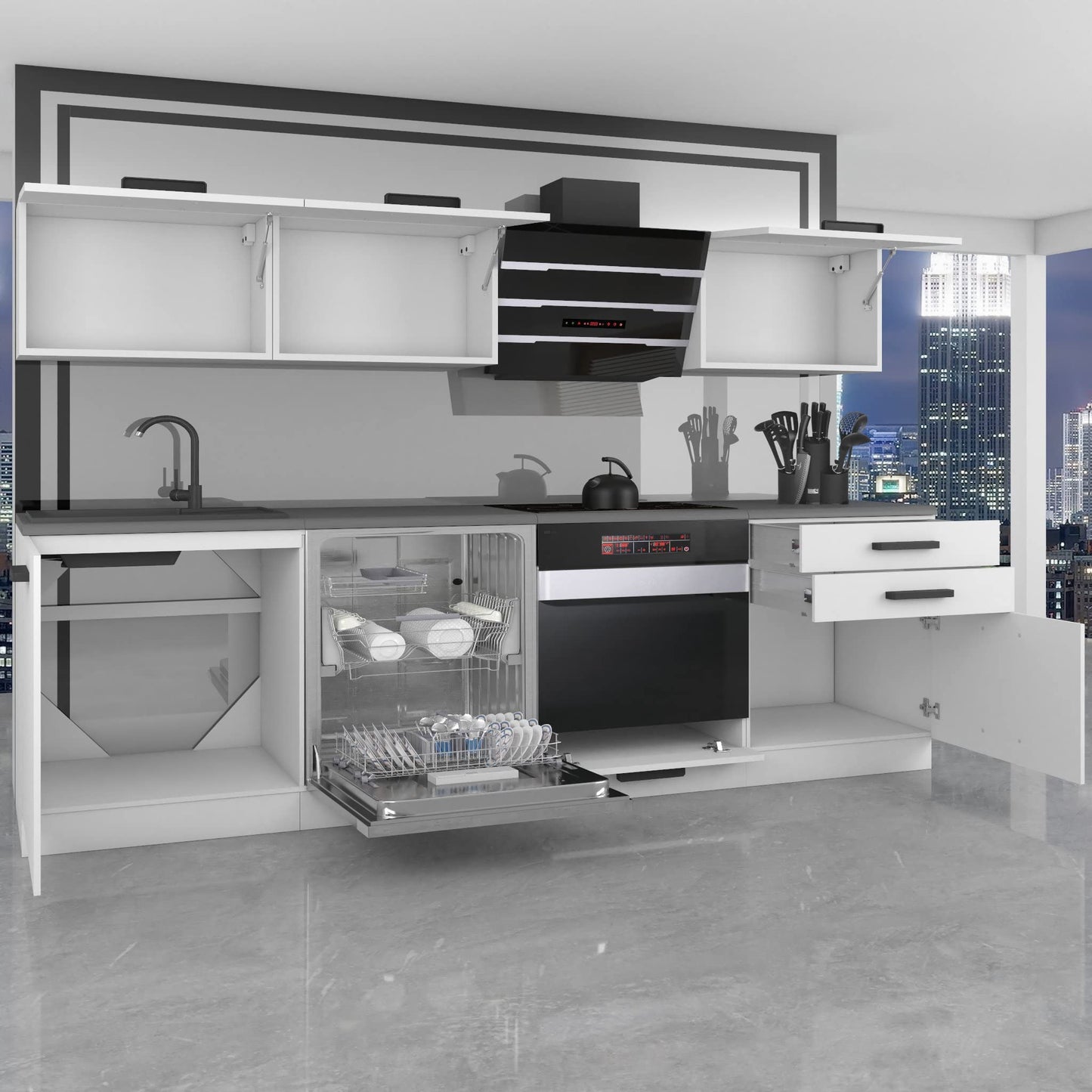 Belini Linda Kitchen Unit, Kitchen Furniture 240 cm, Fully Equipped without Electrical Appliances, with Wall Cabinets and Base Cabinets, with Worktops, Matt White