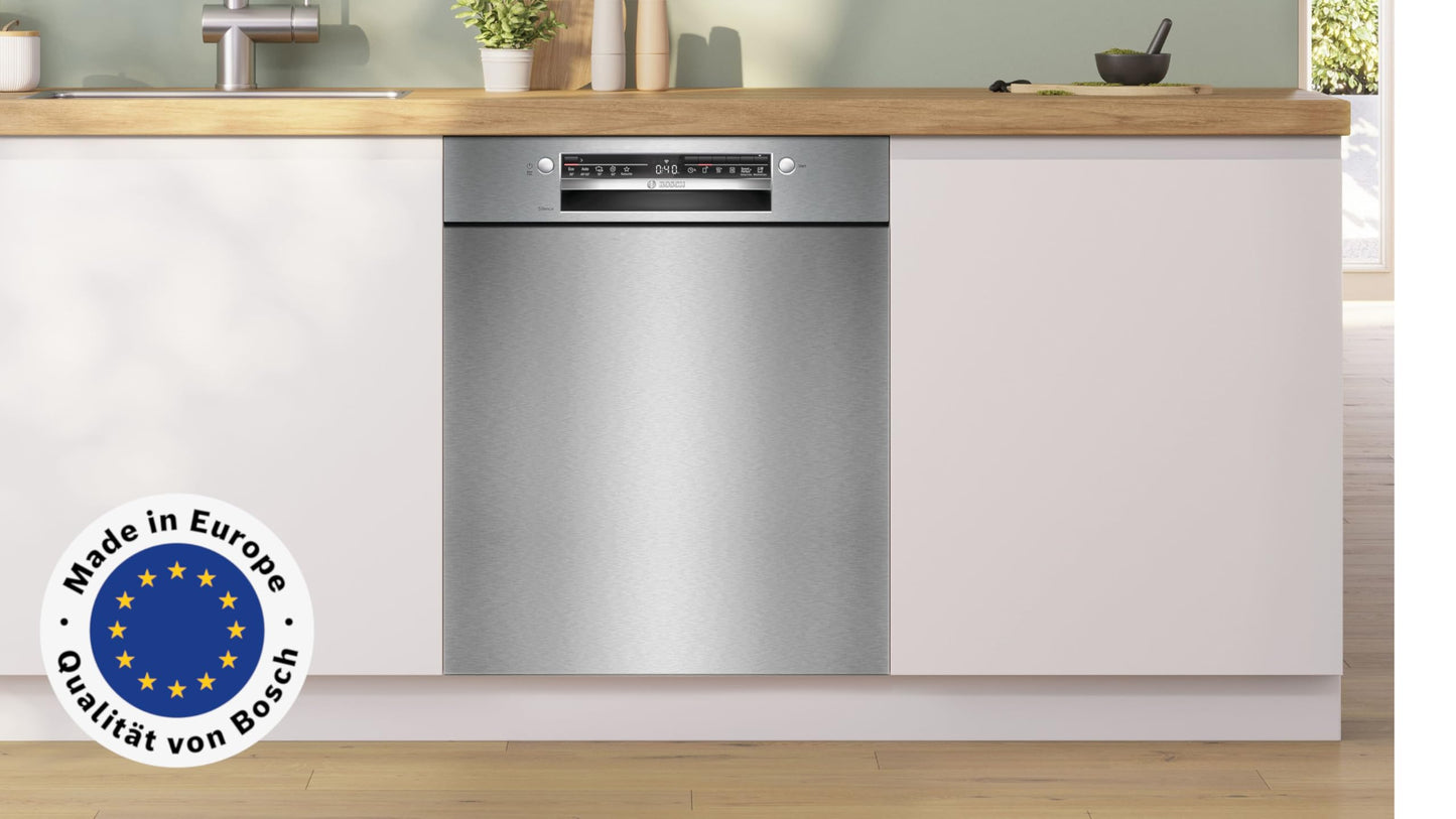 Bosch SMU4ETS08E, Series 4, Smart Undermount Dishwasher, 60 cm, Cutlery Basket, Dishwasher with Program Assistant, Particularly Quiet, Height-Adjustable Upper Basket, Automatic Door Opening, Stainless